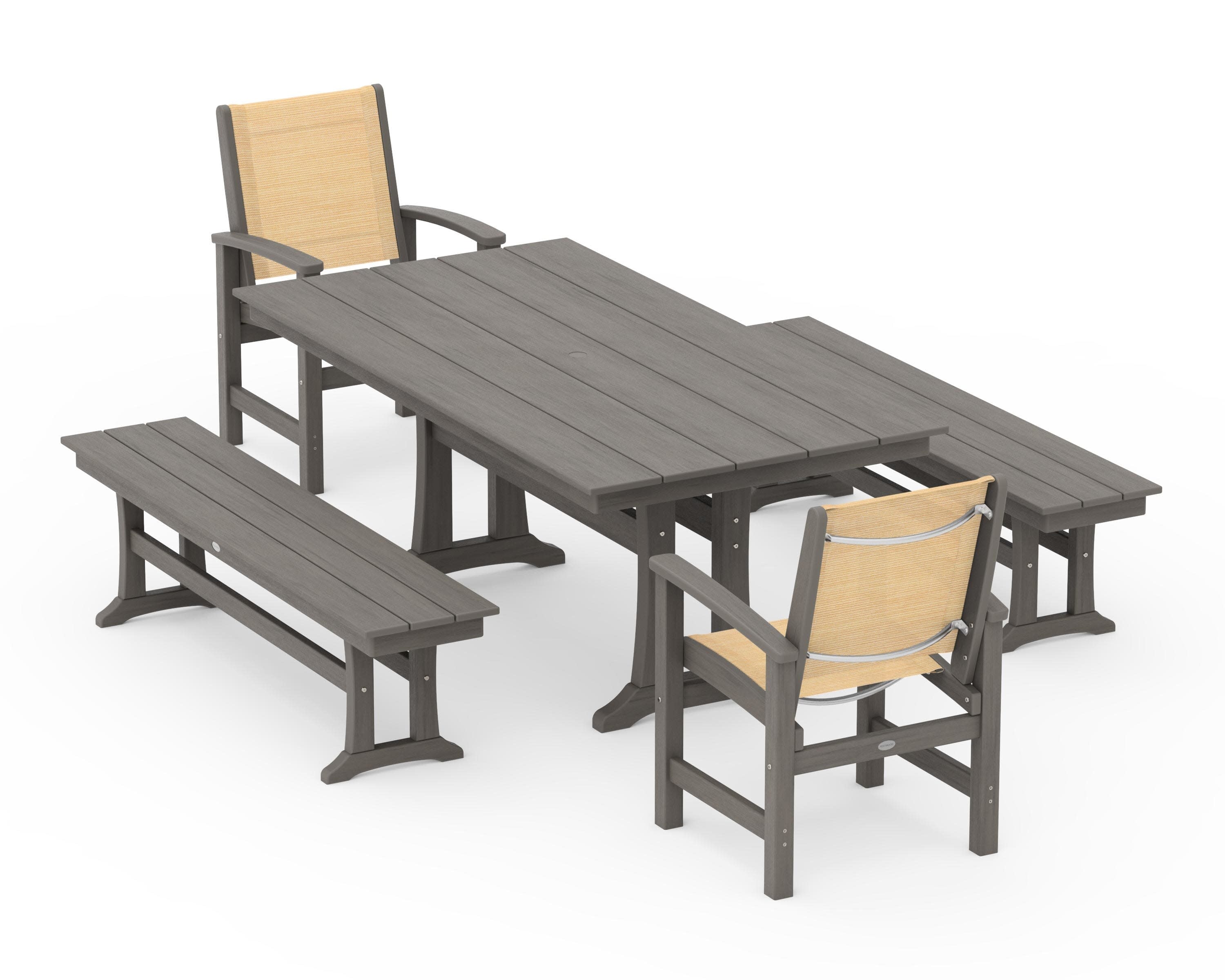 Coastal 5-Piece Farmhouse Dining Set with Trestle Legs and Benches in Driftwood / Dupioni Apricot Sling