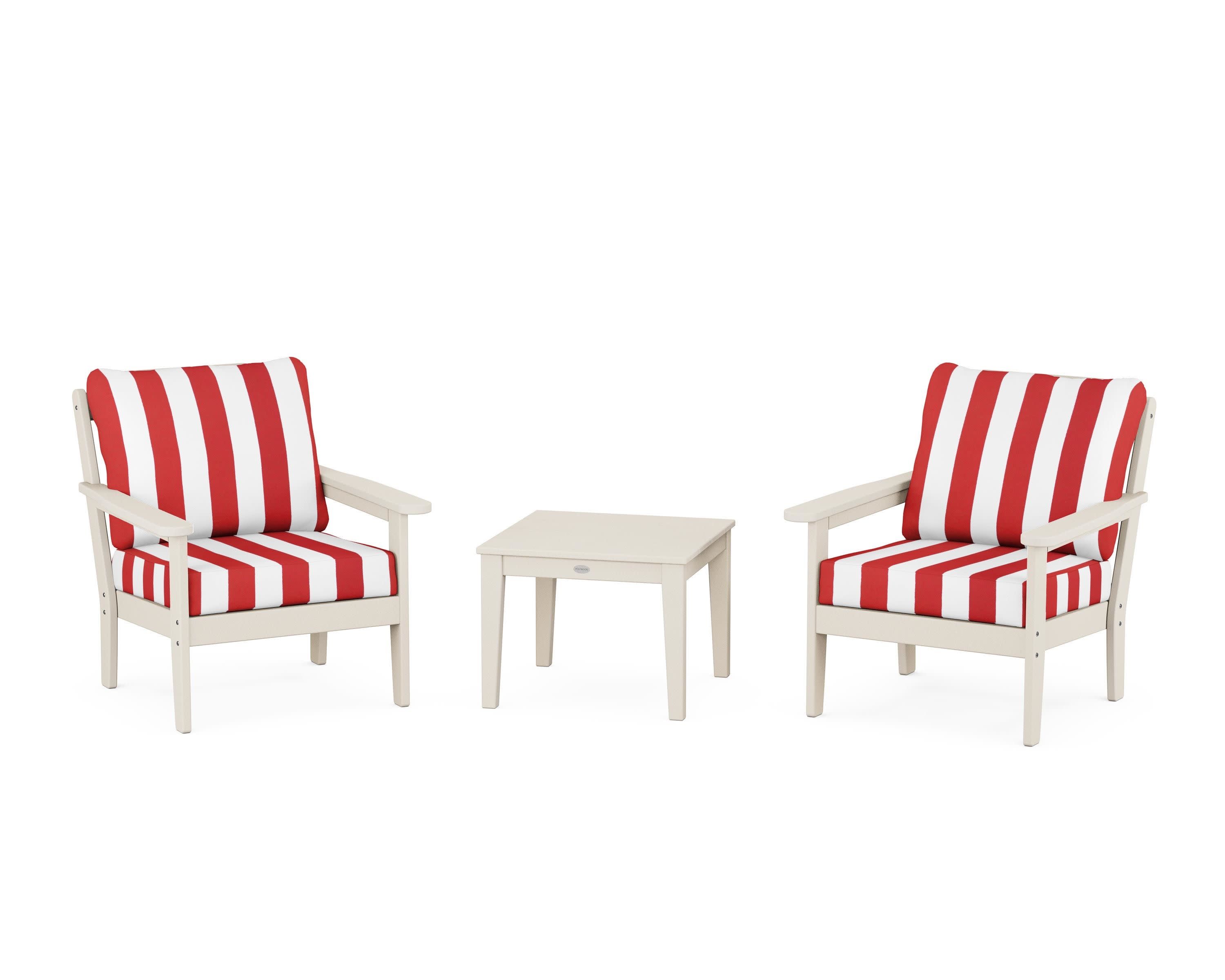 Cottage 3-Piece Deep Seating Set in Sand / Cabana Stripe Crimson