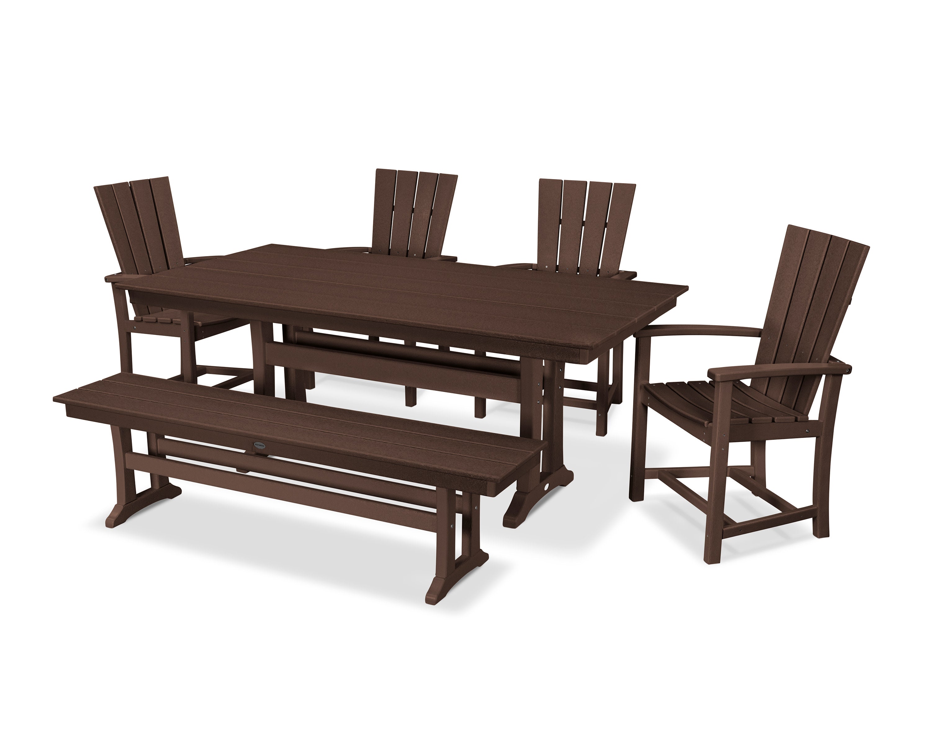 Quattro 6-Piece Farmhouse Dining Set with Trestle Legs and Bench in Mahogany