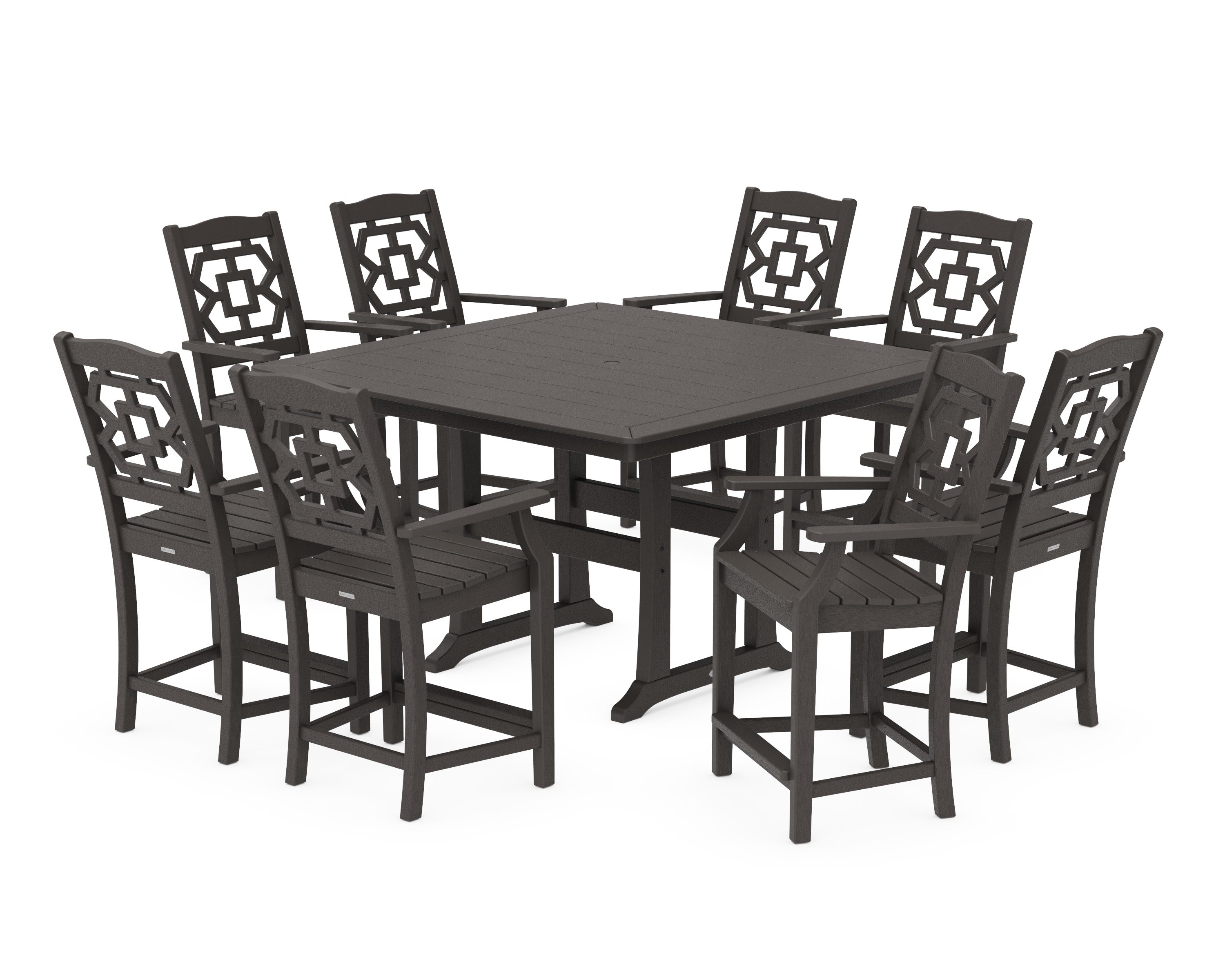 Chinoiserie 9-Piece Square Counter Set with Trestle Legs in Vintage Coffee