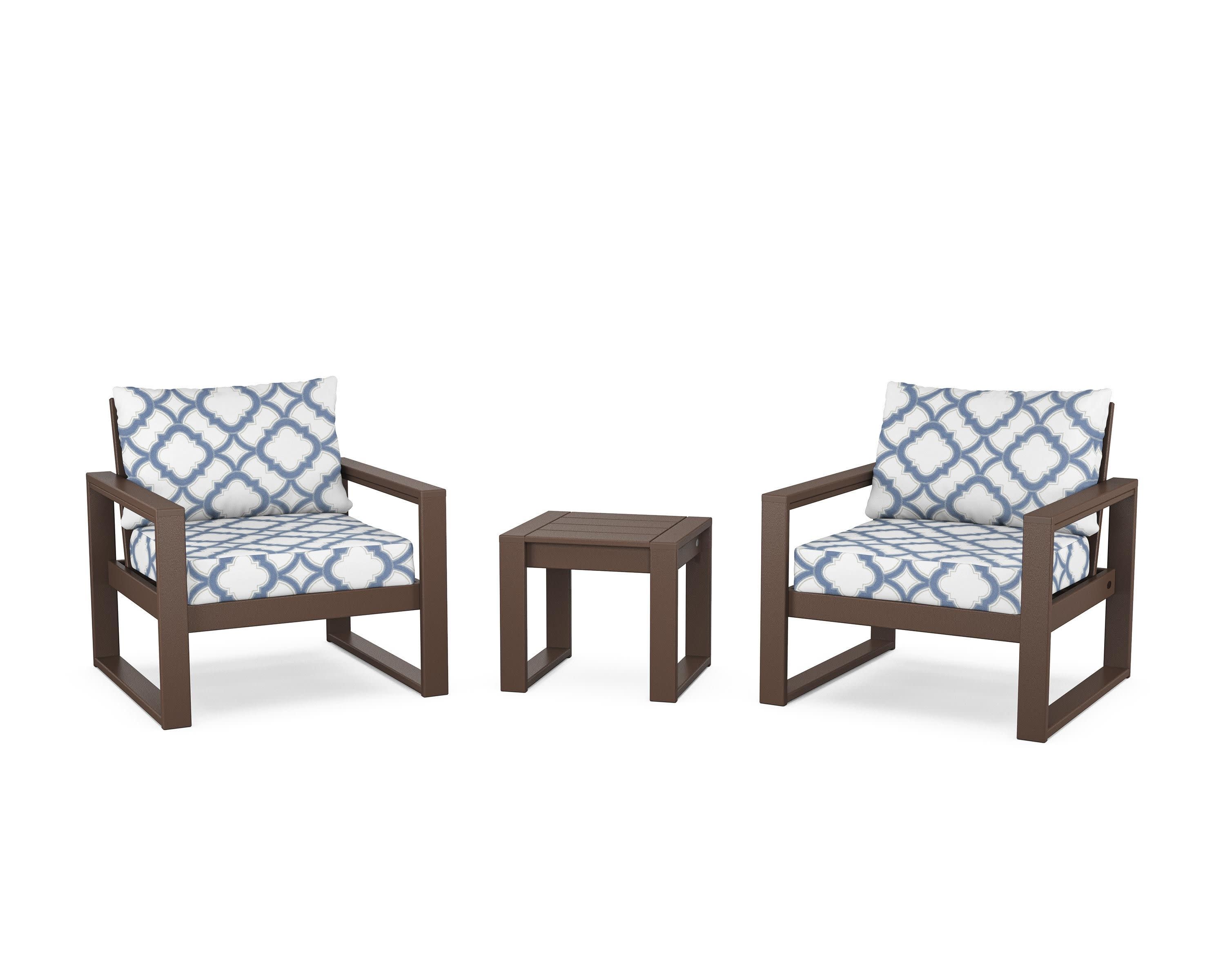 EDGE Sectional 3-Piece Deep Seating Set in Mahogany / Trellis Sky Blue
