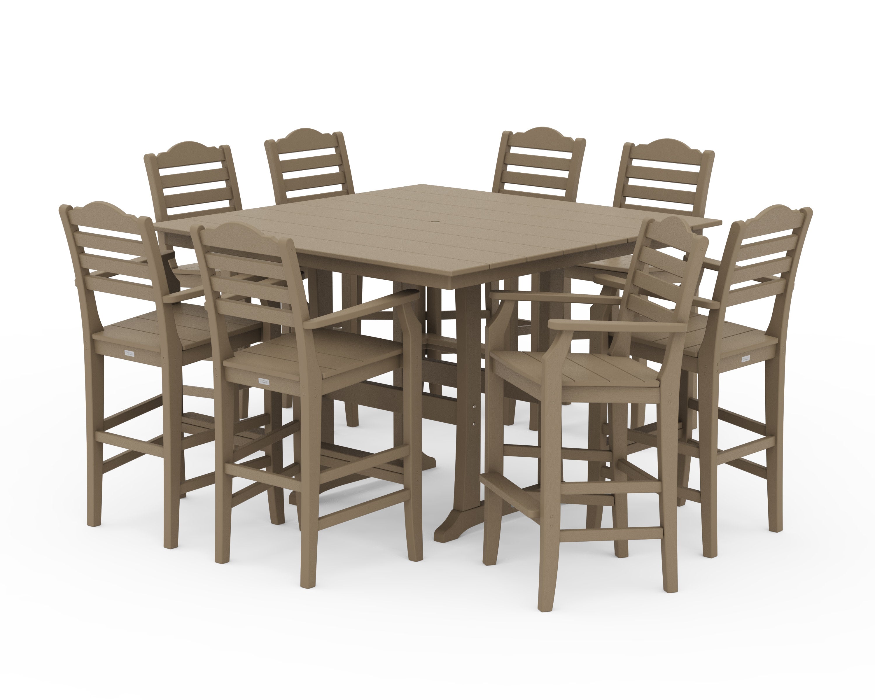 Savannah 9-Piece Square Farmhouse Bar Set with Trestle Legs in Vintage Sahara