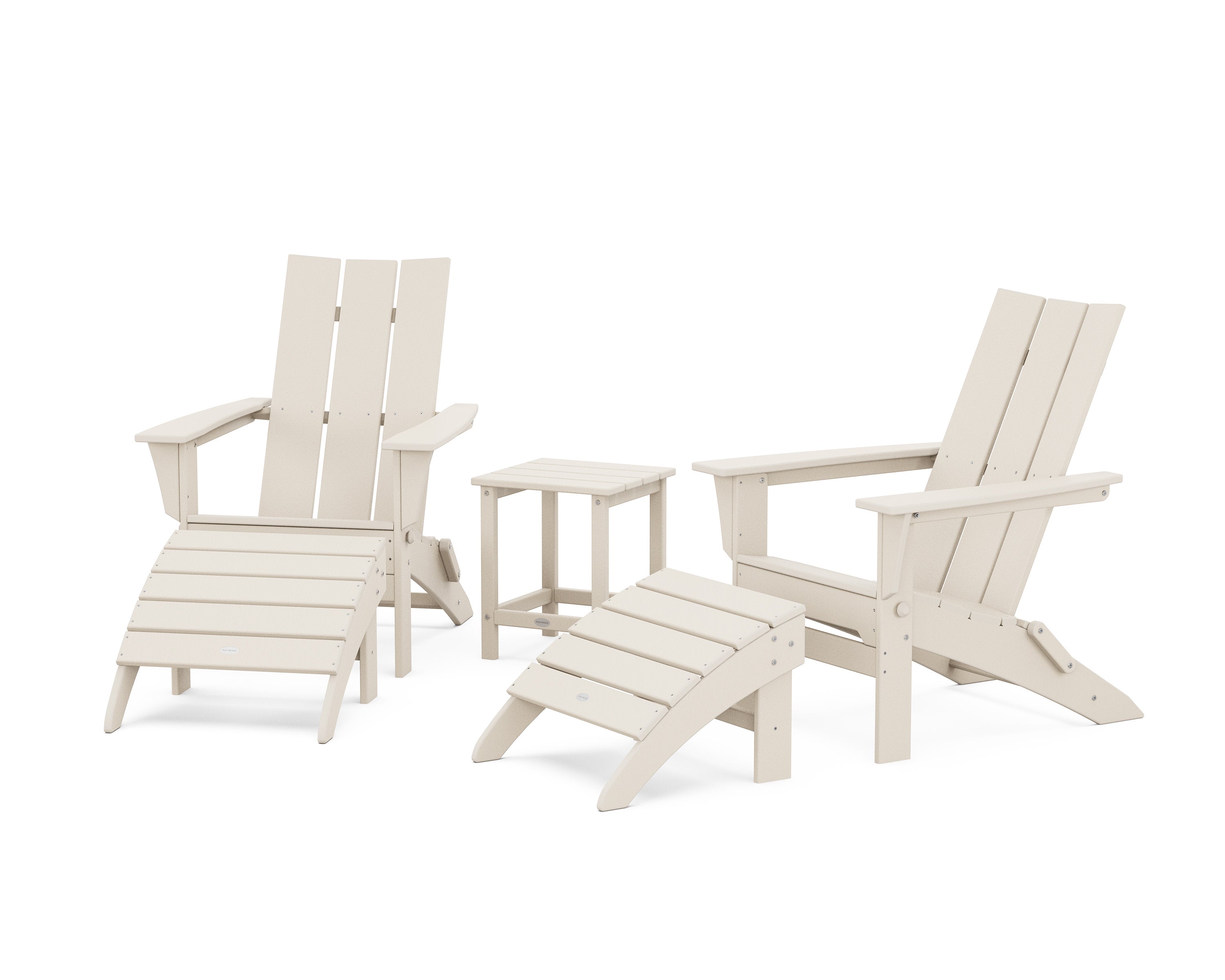 Modern Folding Adirondack Chair 5-Piece Set with Ottomans and 18" Side Table in Sand