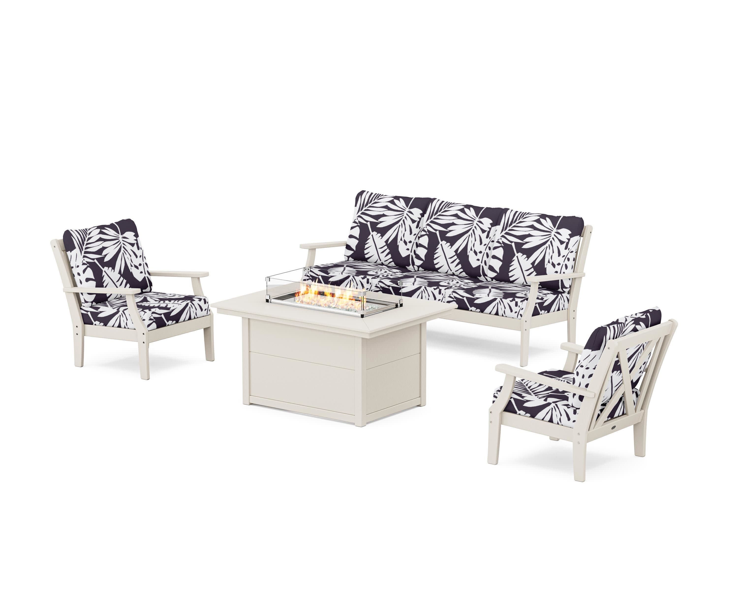 Braxton Deep Seating Fire Pit Table Set in Sand / Leaf Navy