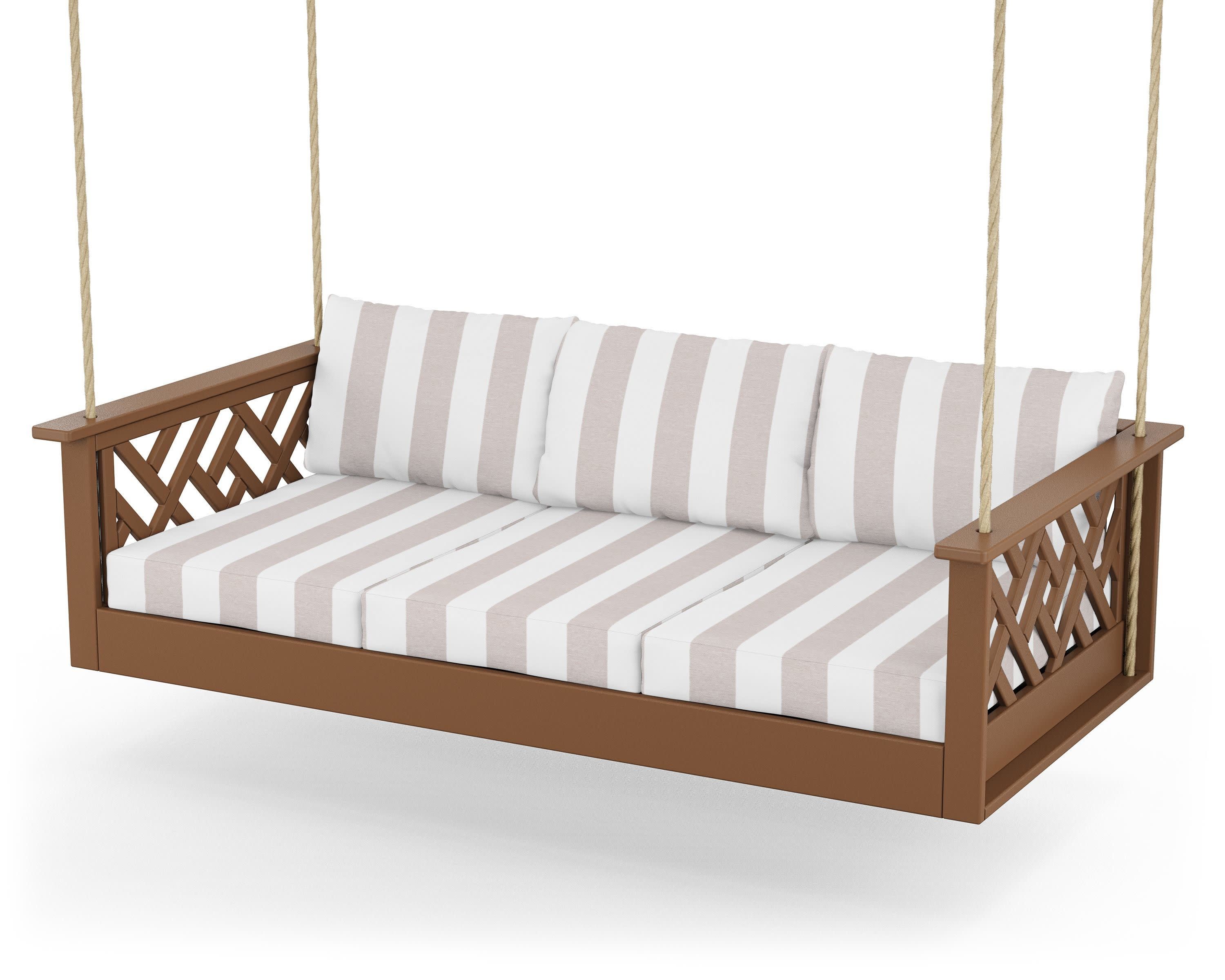 Chippendale Daybed Swing in Teak / Cabana Stripe Dune Burlap