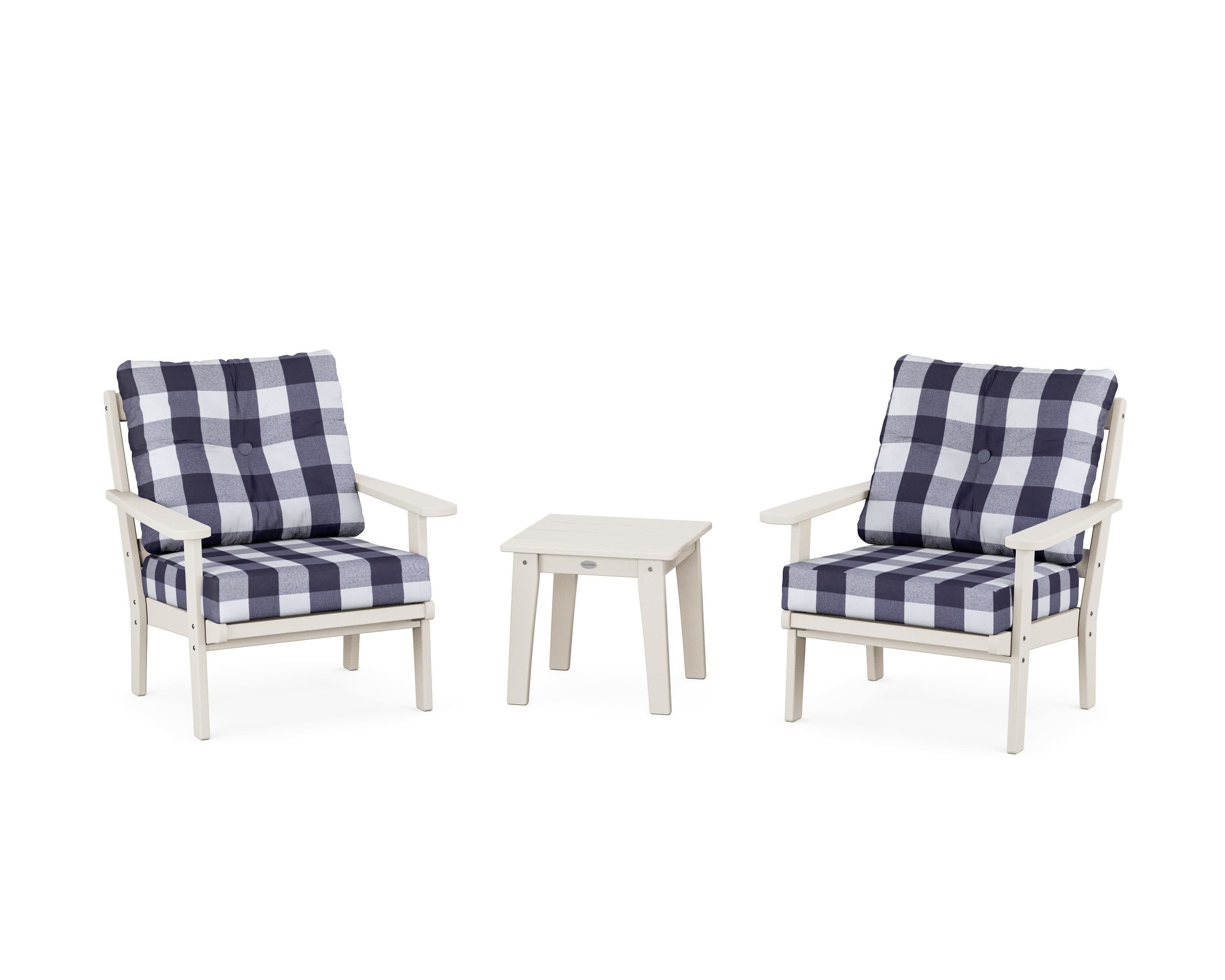 Mission 3-Piece Deep Seating Set in Sand / Buffalo Plaid Navy