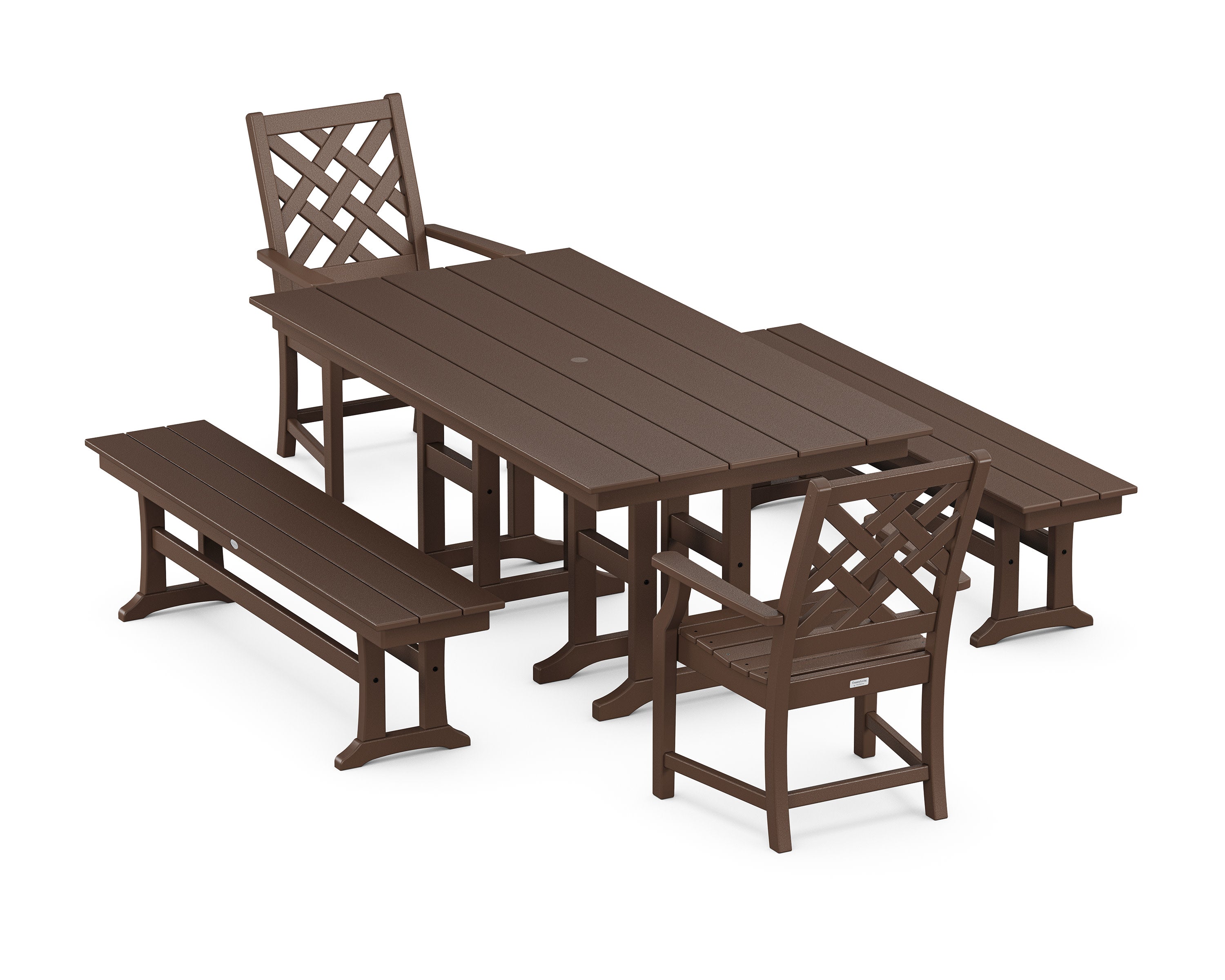 Wovendale 5-Piece Farmhouse Dining Set with Benches in Mahogany