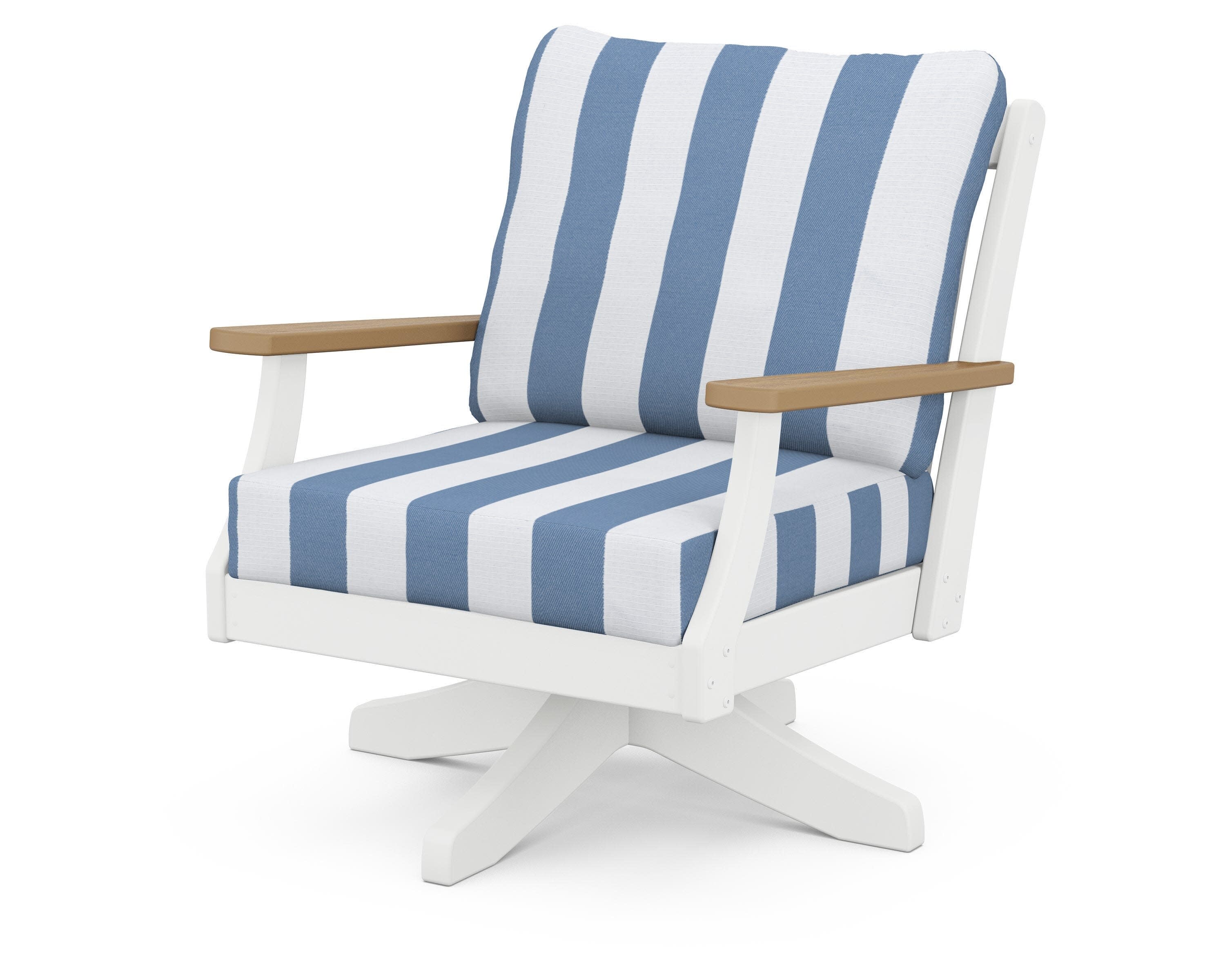 Braxton Deep Seating Swivel Chair in White / Natural / Cabana Stripe Sky Blue