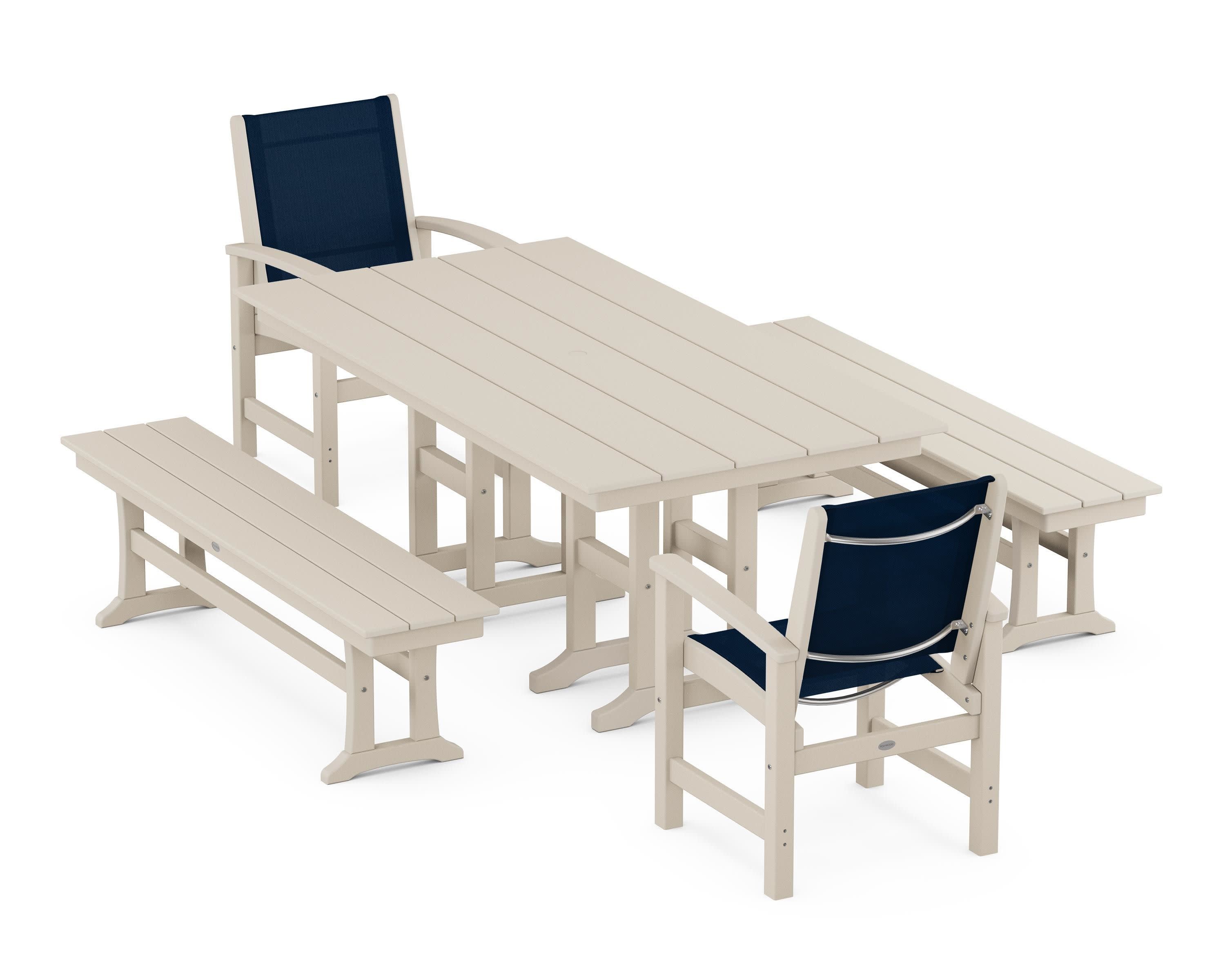 Coastal 5-Piece Farmhouse Dining Set in Sand / Navy Blue Sling