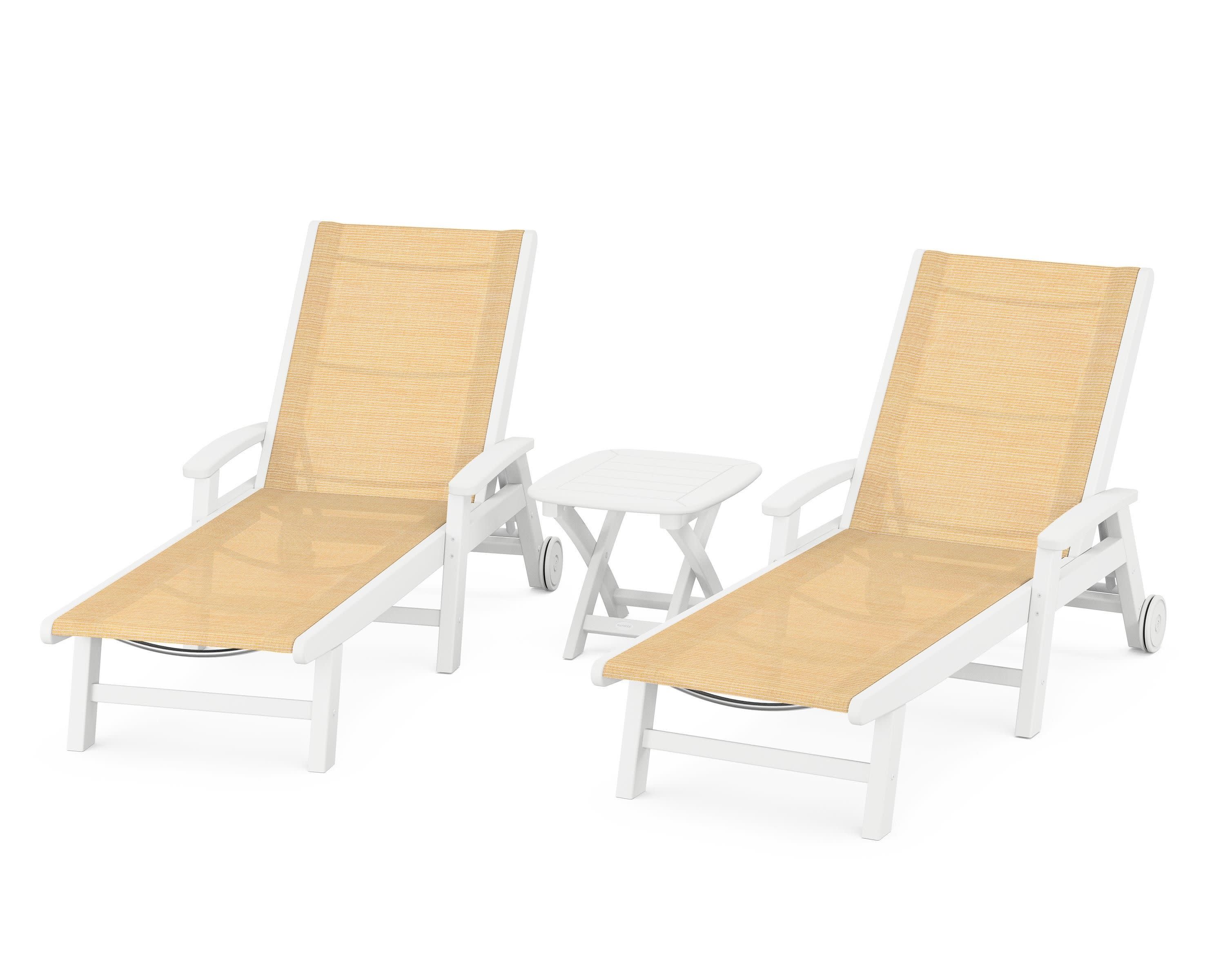 Coastal 3-Piece Wheeled Chaise Set in White / Dupioni Apricot Sling