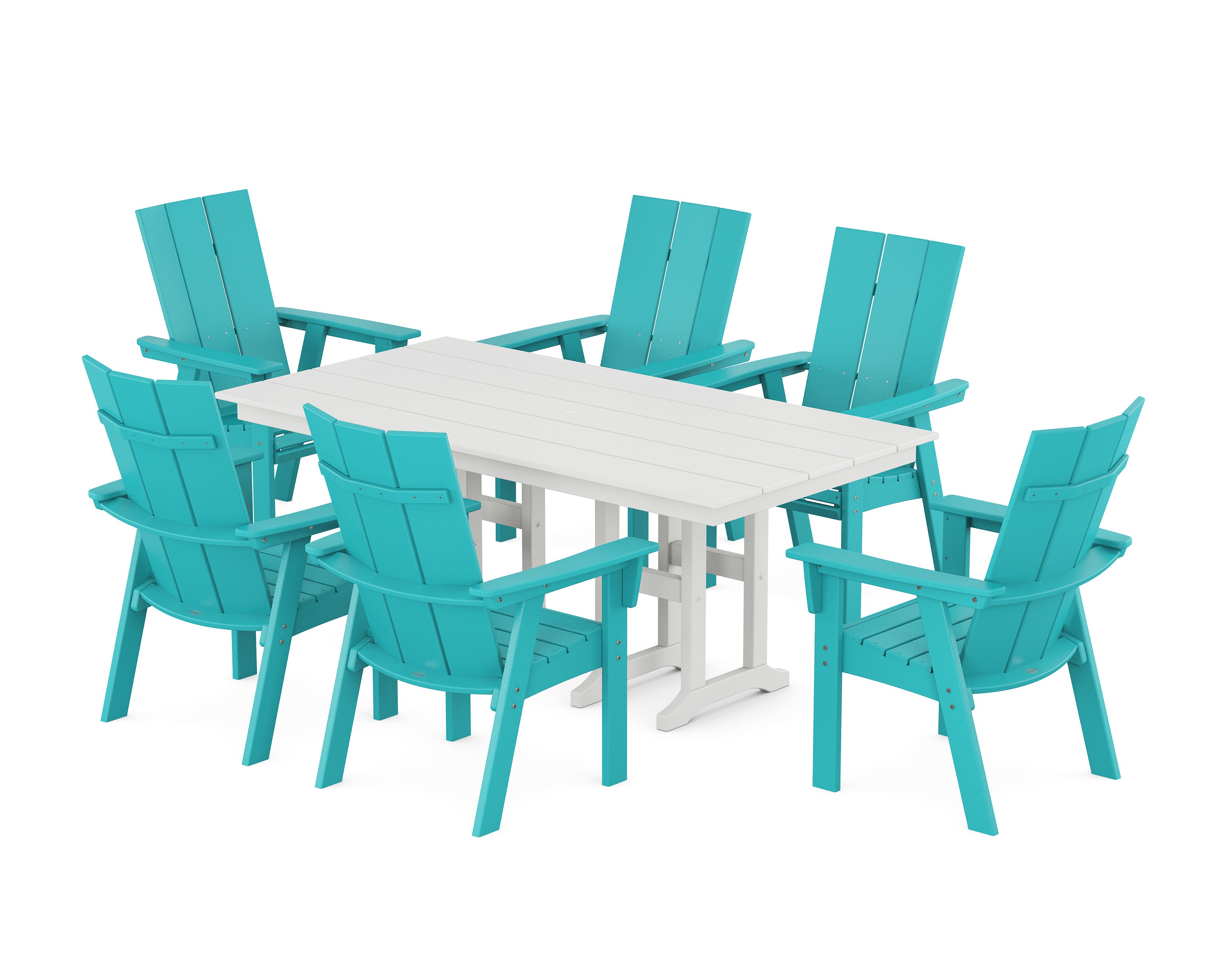 Modern Curveback Adirondack 7-Piece Farmhouse Dining Set in Aruba / White