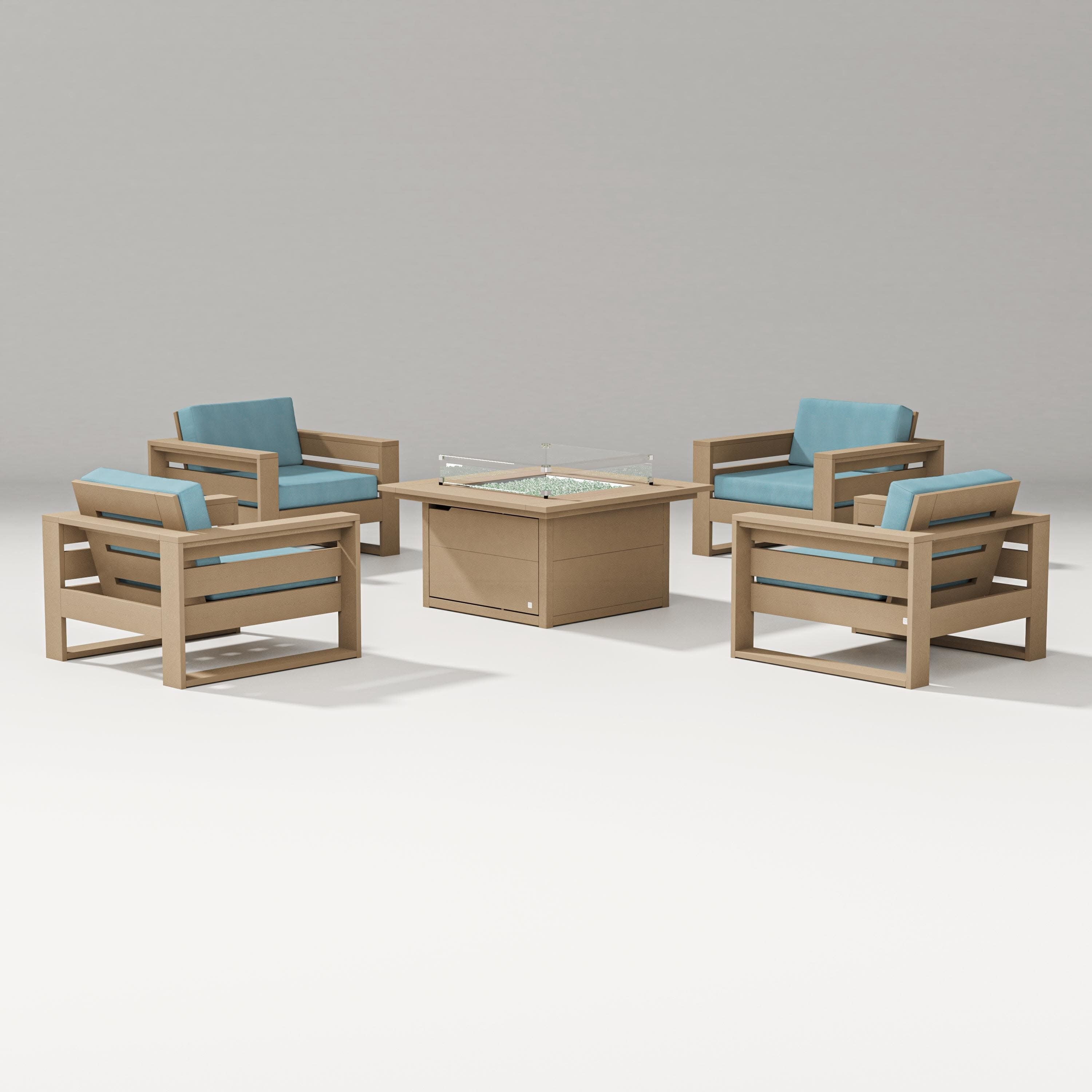 Latitude 5-Piece Lounge Fire Table Set in Vintage Sahara / Lattice Sky Blue