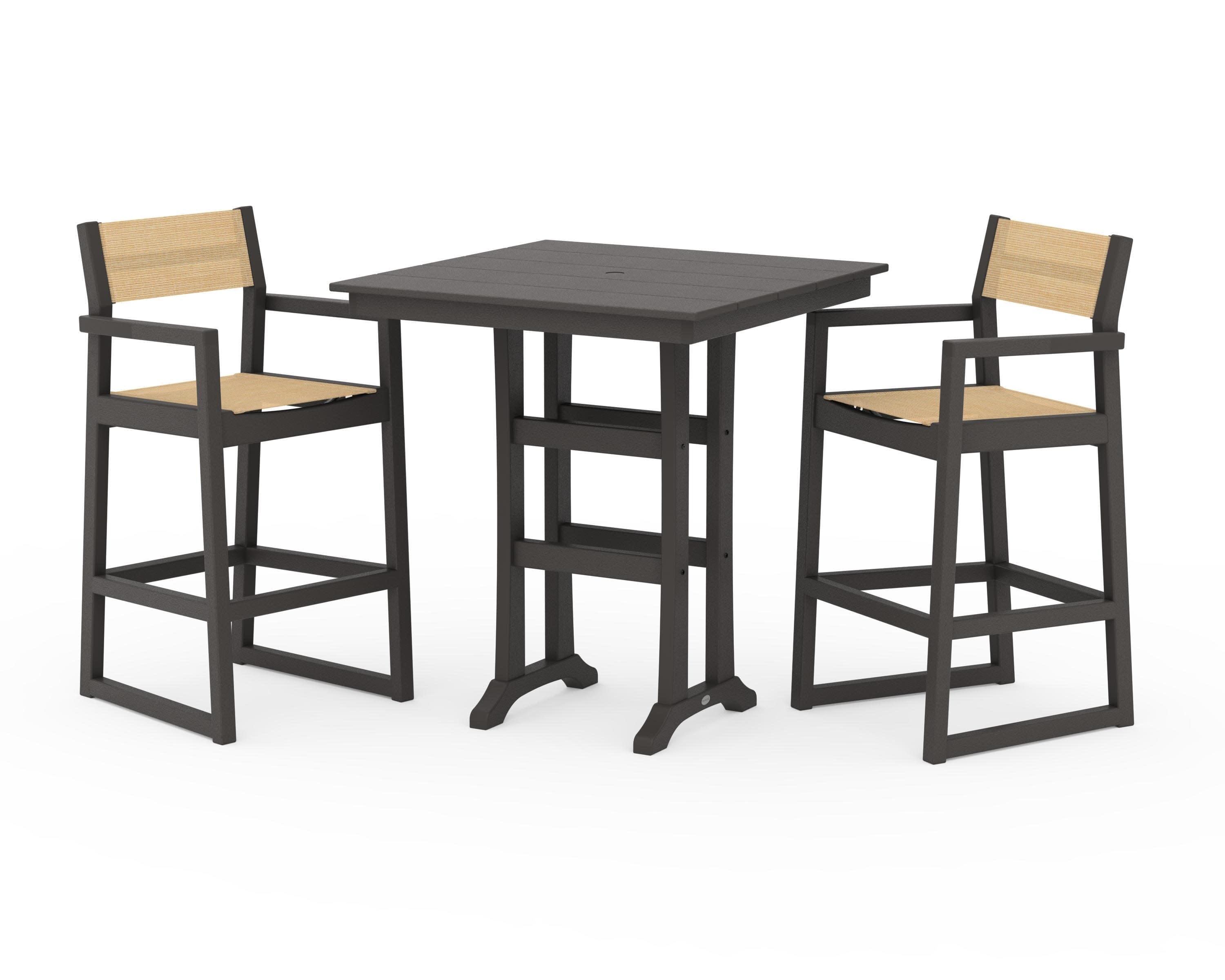 EDGE Sling Arm Chair 3-Piece Farmhouse Bar Set with Trestle Legs in Vintage Coffee / Dupioni Apricot Sling