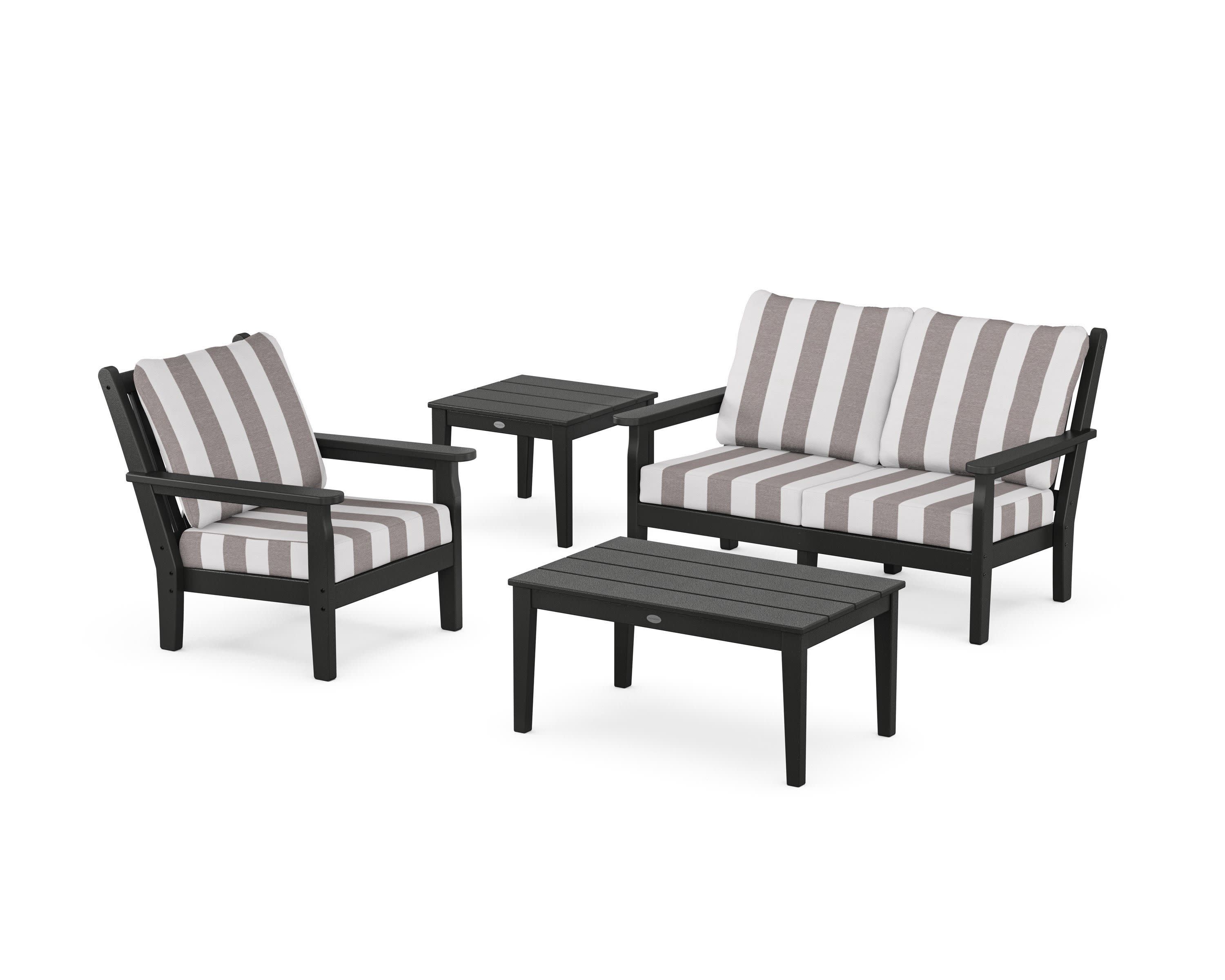 Chippendale 4-Piece Deep Seating Set in Black / Cabana Stripe Grey Mist