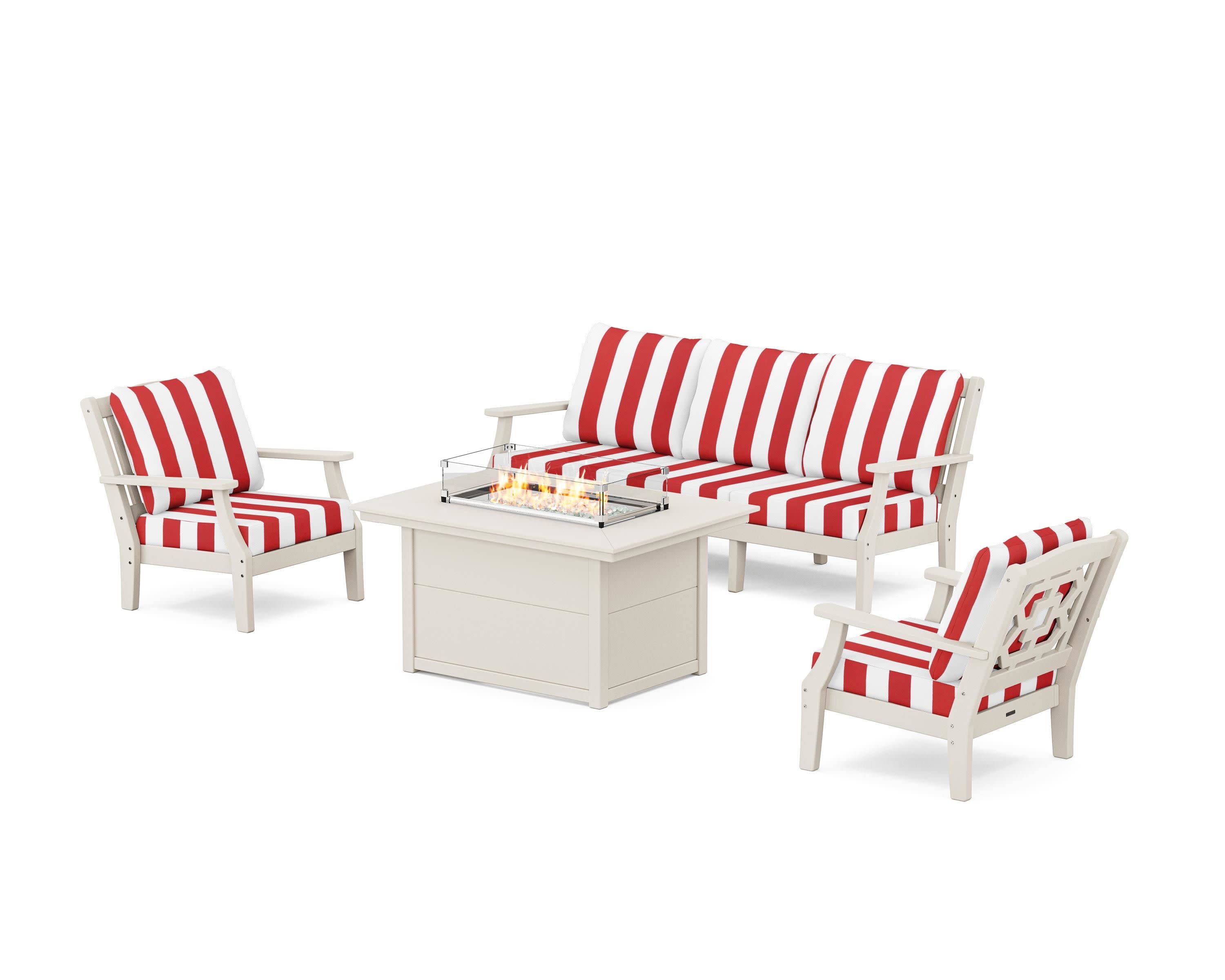 Chinoiserie Deep Seating Fire Pit Table Set in Sand / Cabana Stripe Crimson