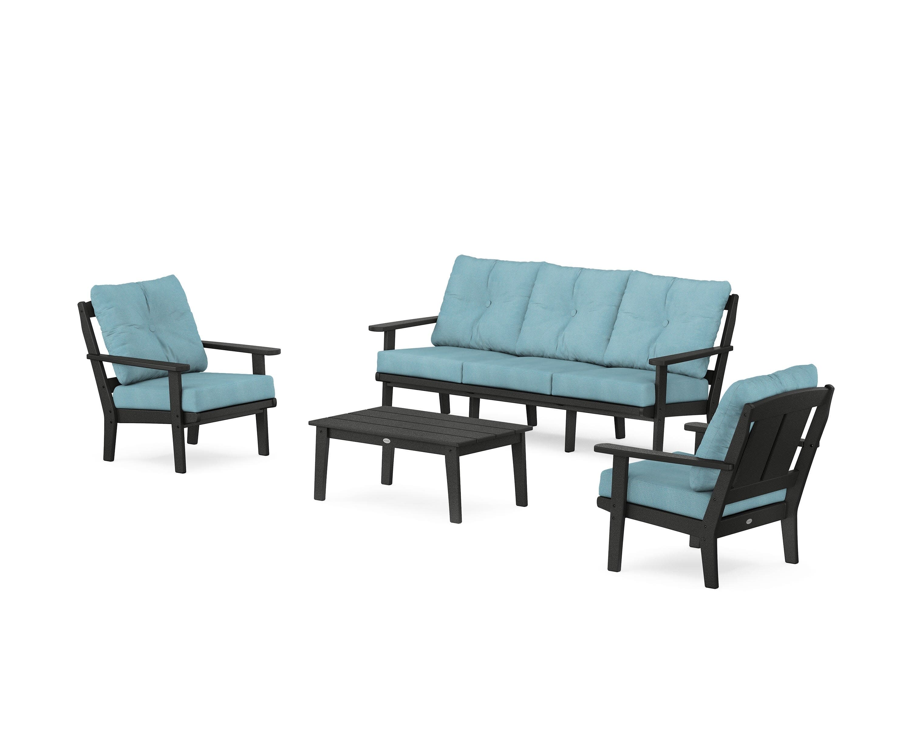 Mission 4-Piece Deep Seating Set with Sofa in Black / Lattice Sky Blue