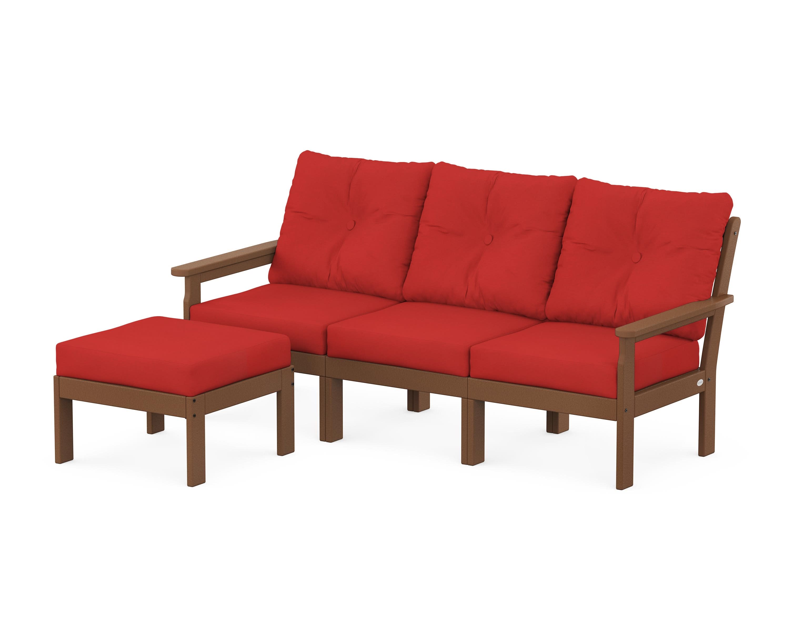Vineyard 4-Piece Sectional with Ottoman in Teak / Crimson Linen