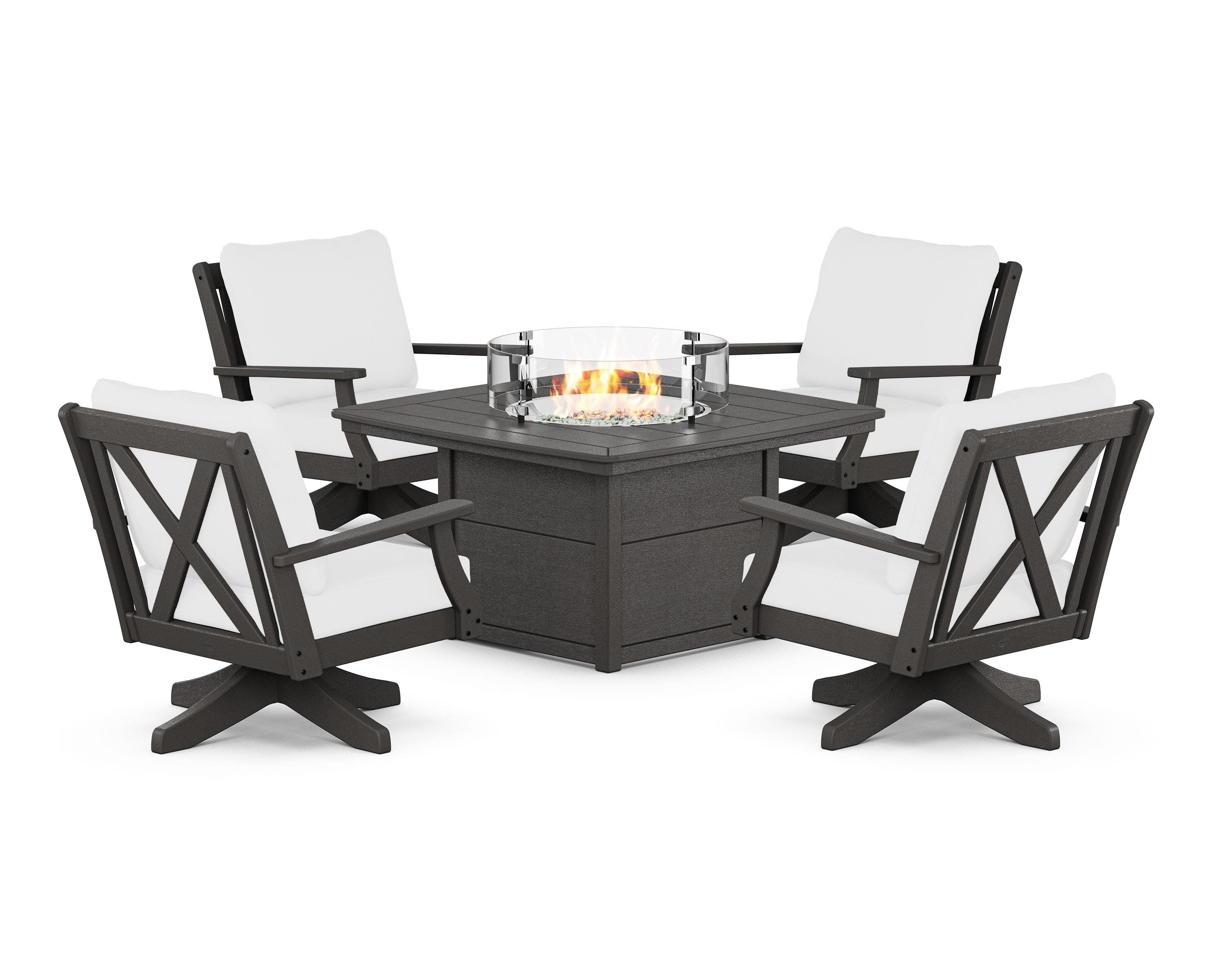 Braxton 5-Piece Deep Seating Swivel Conversation Set with Fire Pit Table in Vintage Coffee / Natural