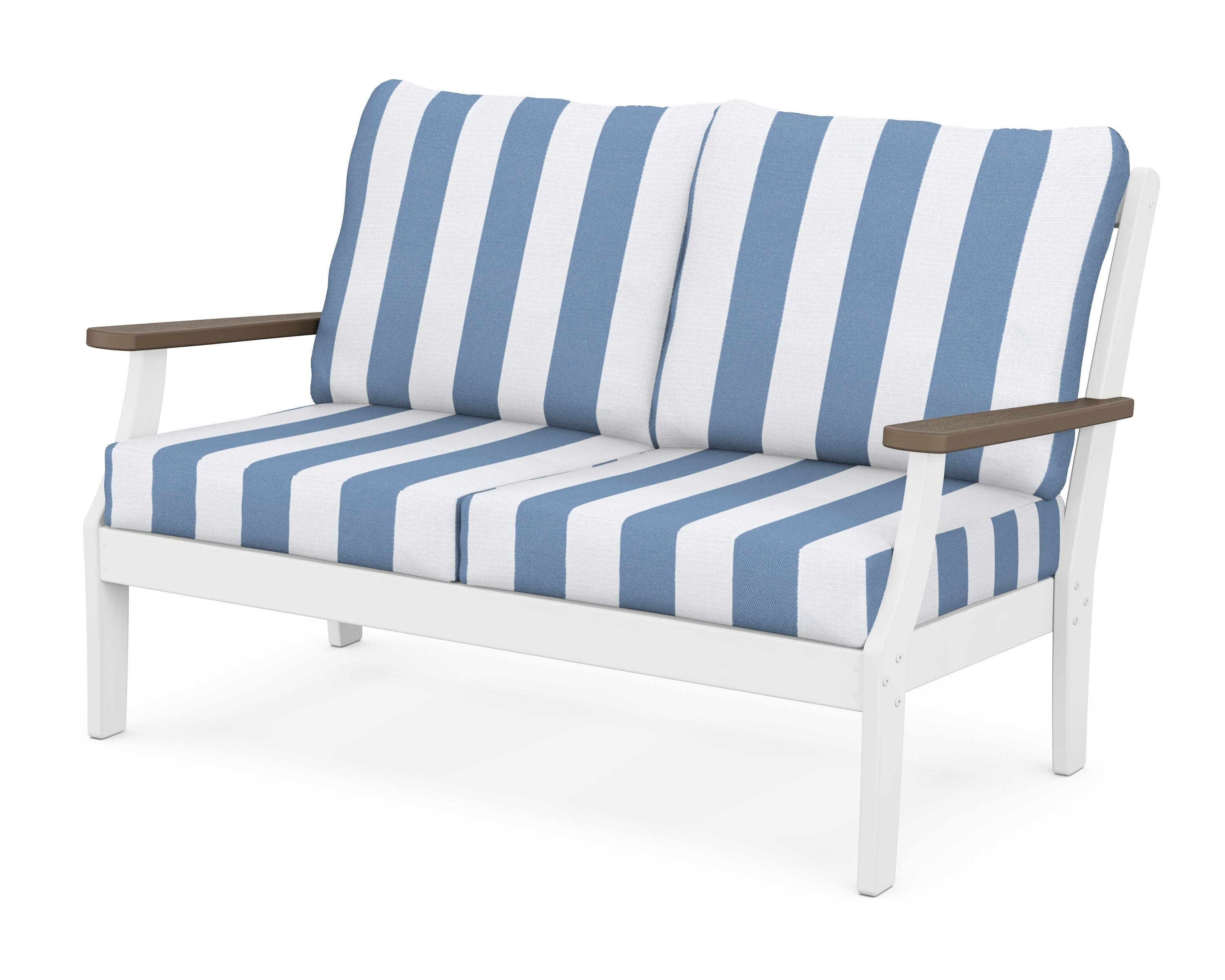 Braxton Deep Seating Loveseat in White / Kona / Cabana Stripe Sky Blue