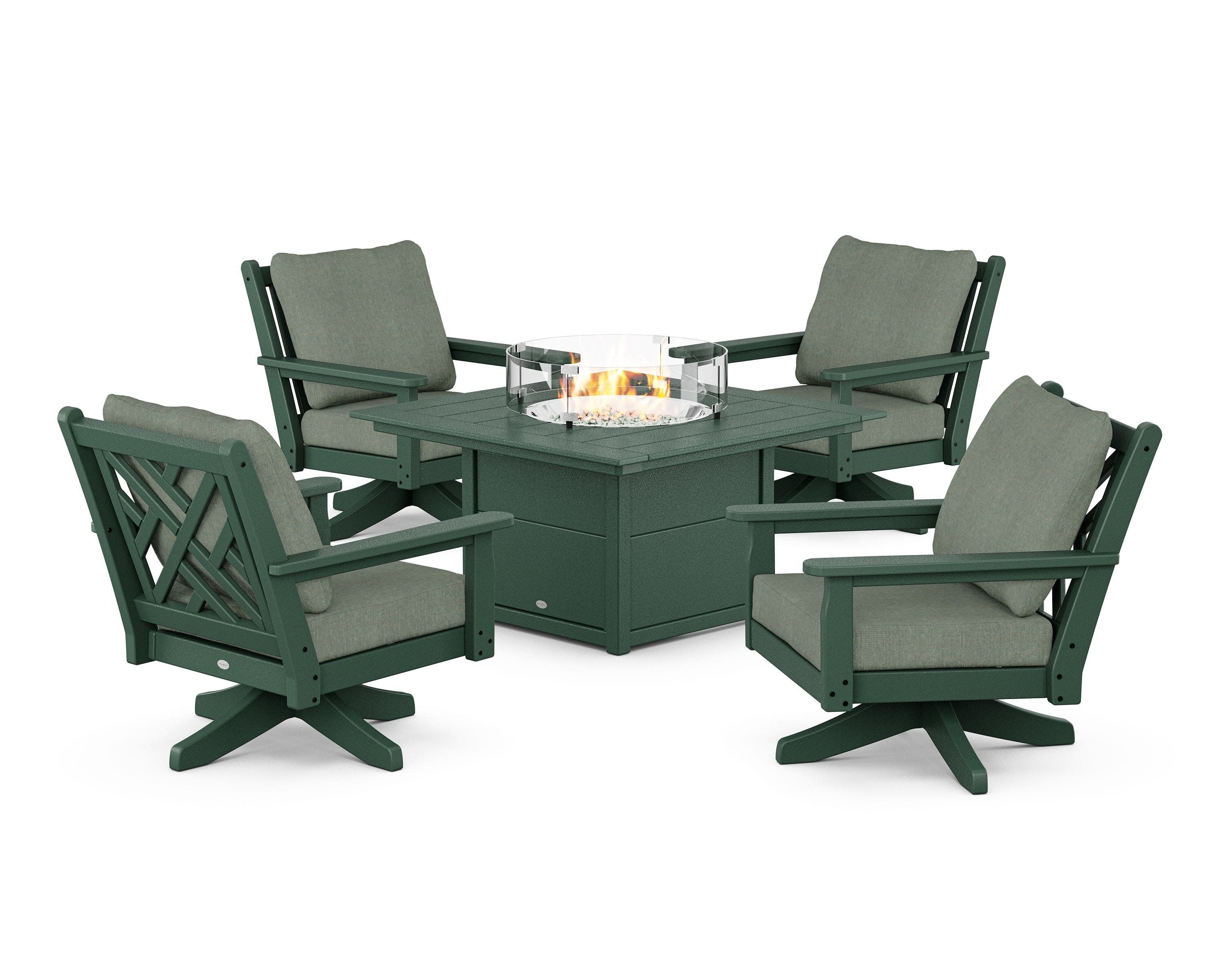 Chippendale 5-Piece Deep Seating Swivel Conversation Set with Fire Pit Table in Green / Cast Sage