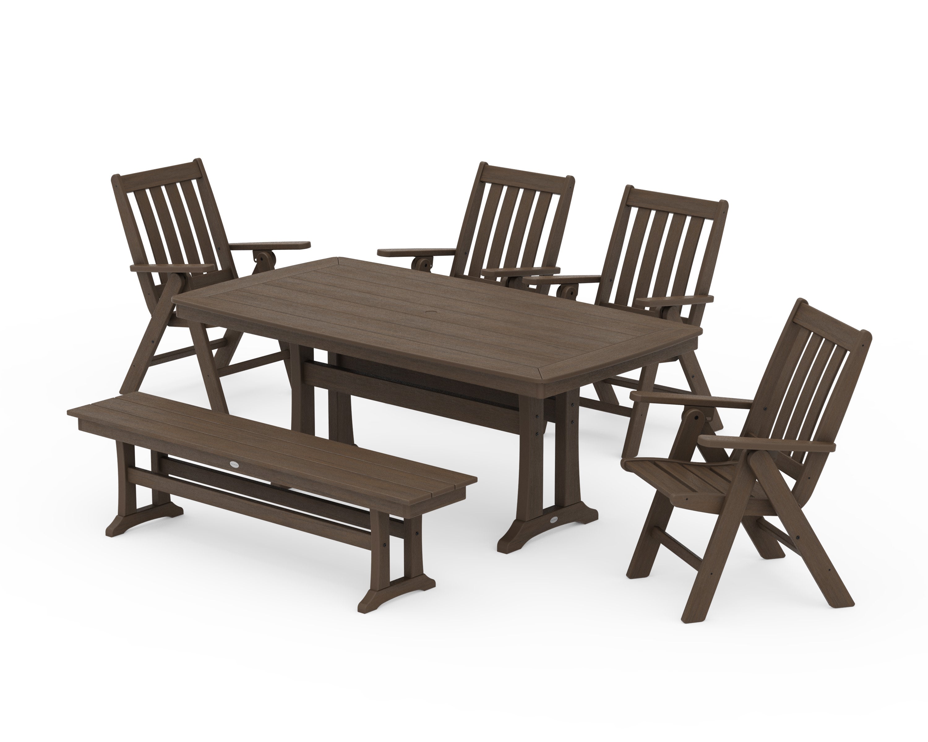 Vineyard Folding Chair 6-Piece Dining Set with Trestle Legs and Bench in Kona