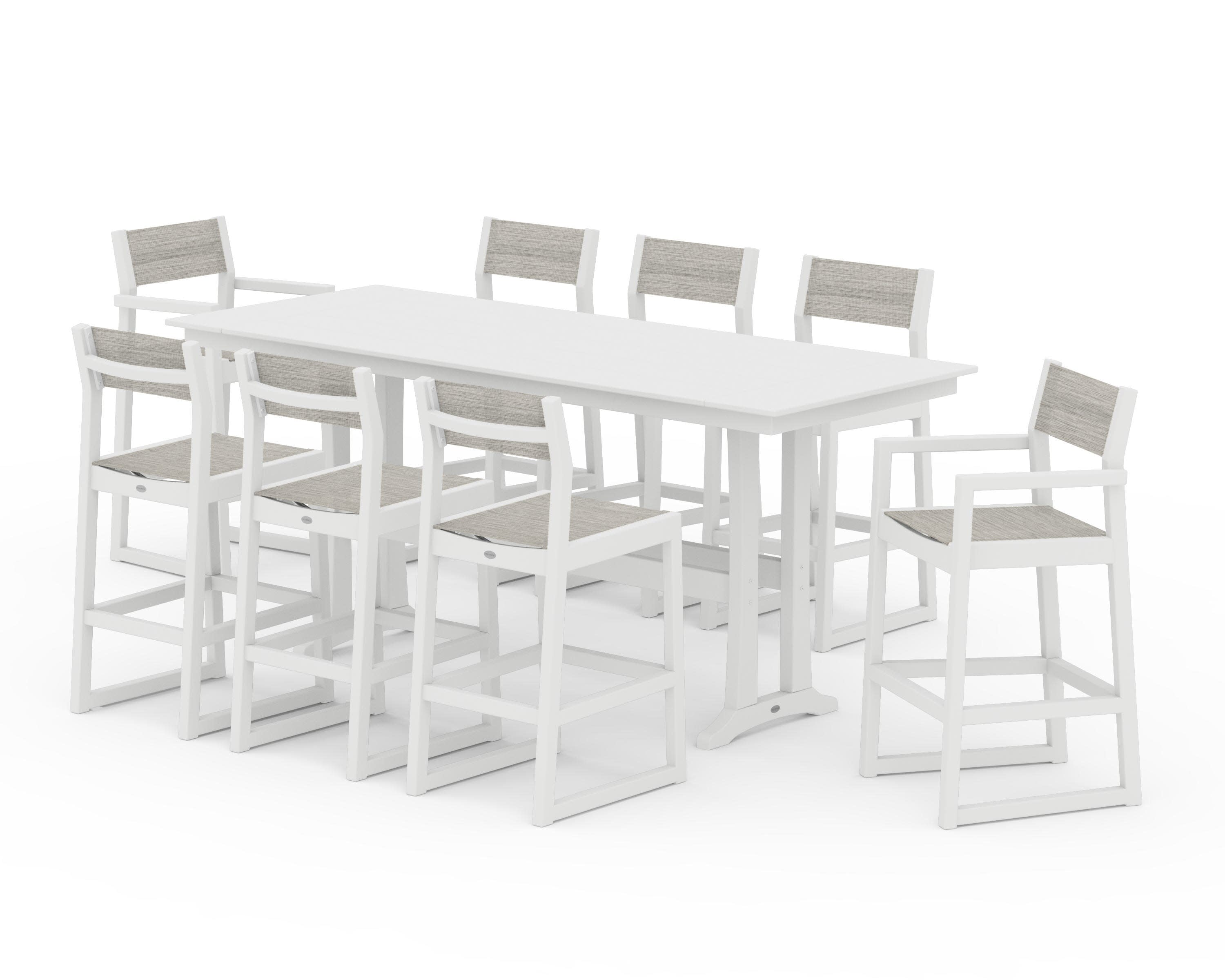 EDGE Sling 9-Piece Farmhouse Bar Set with Trestle Legs in White / Birch Sling