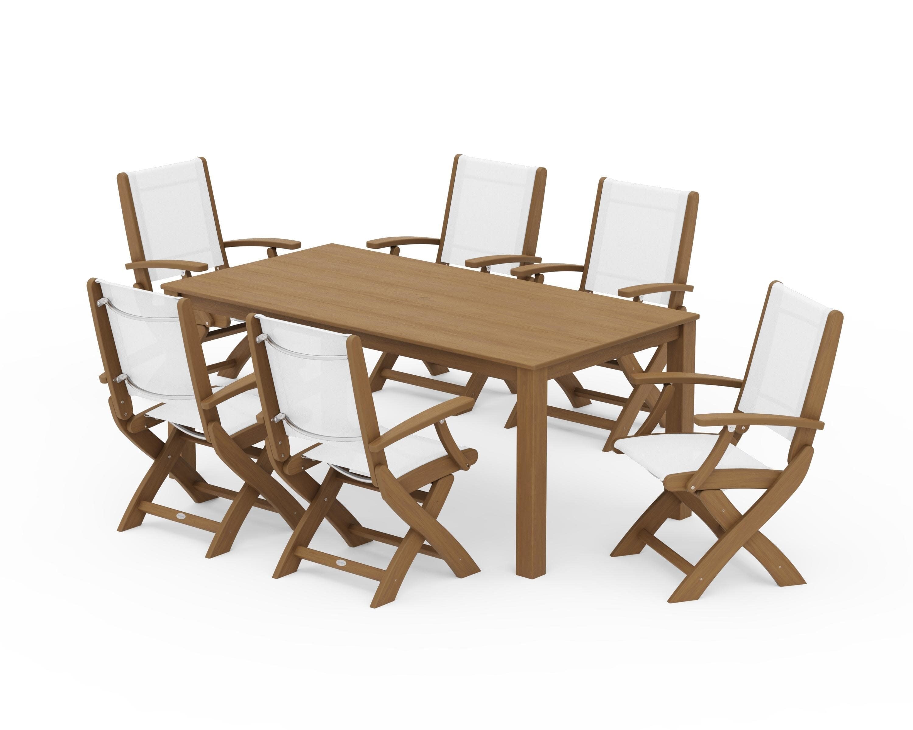 Coastal Folding Chair 7-Piece Parsons Dining Set in Natural / White Sling