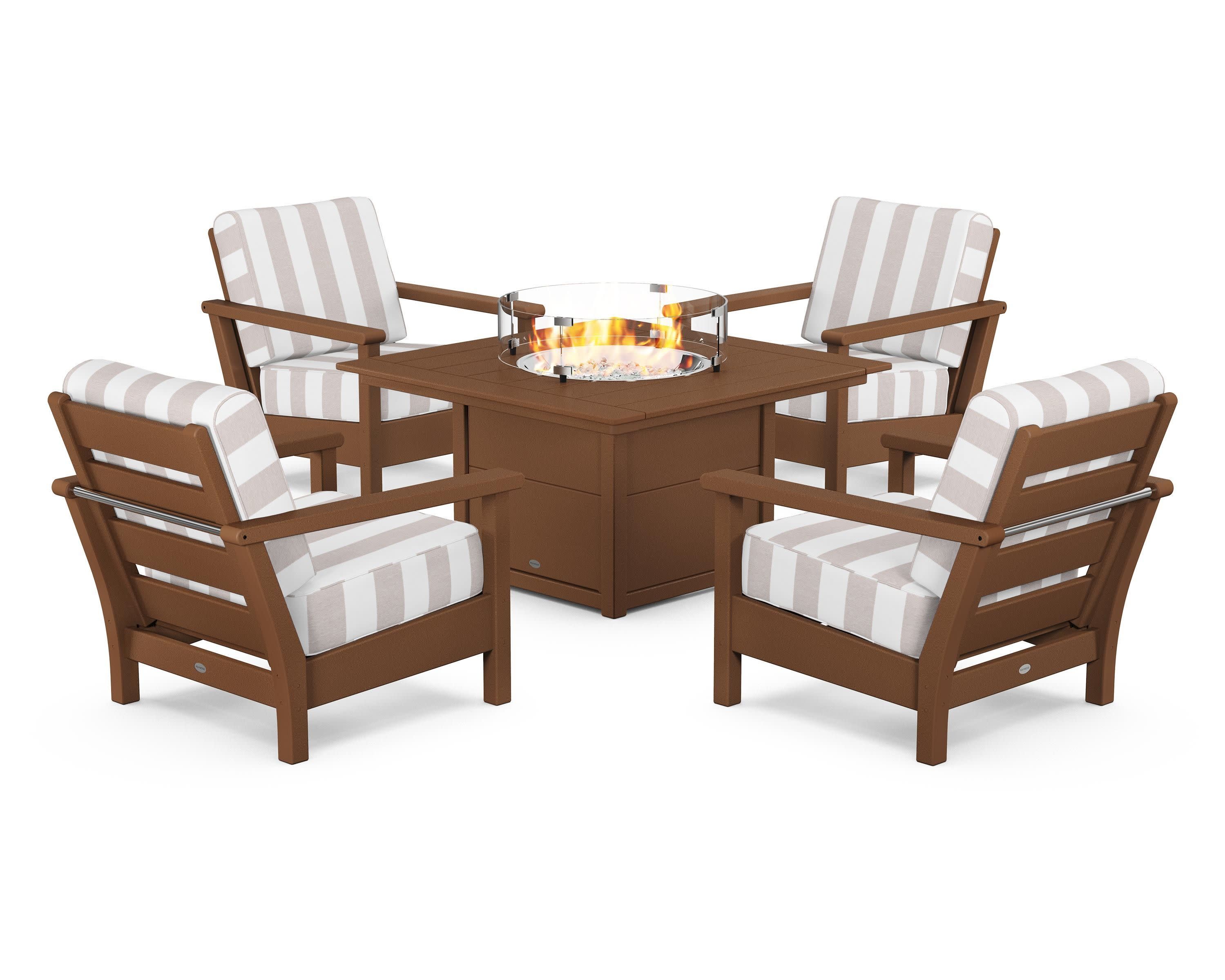 Harbour 5-Piece Conversation Set with Fire Pit Table in Teak / Cabana Stripe Dune Burlap