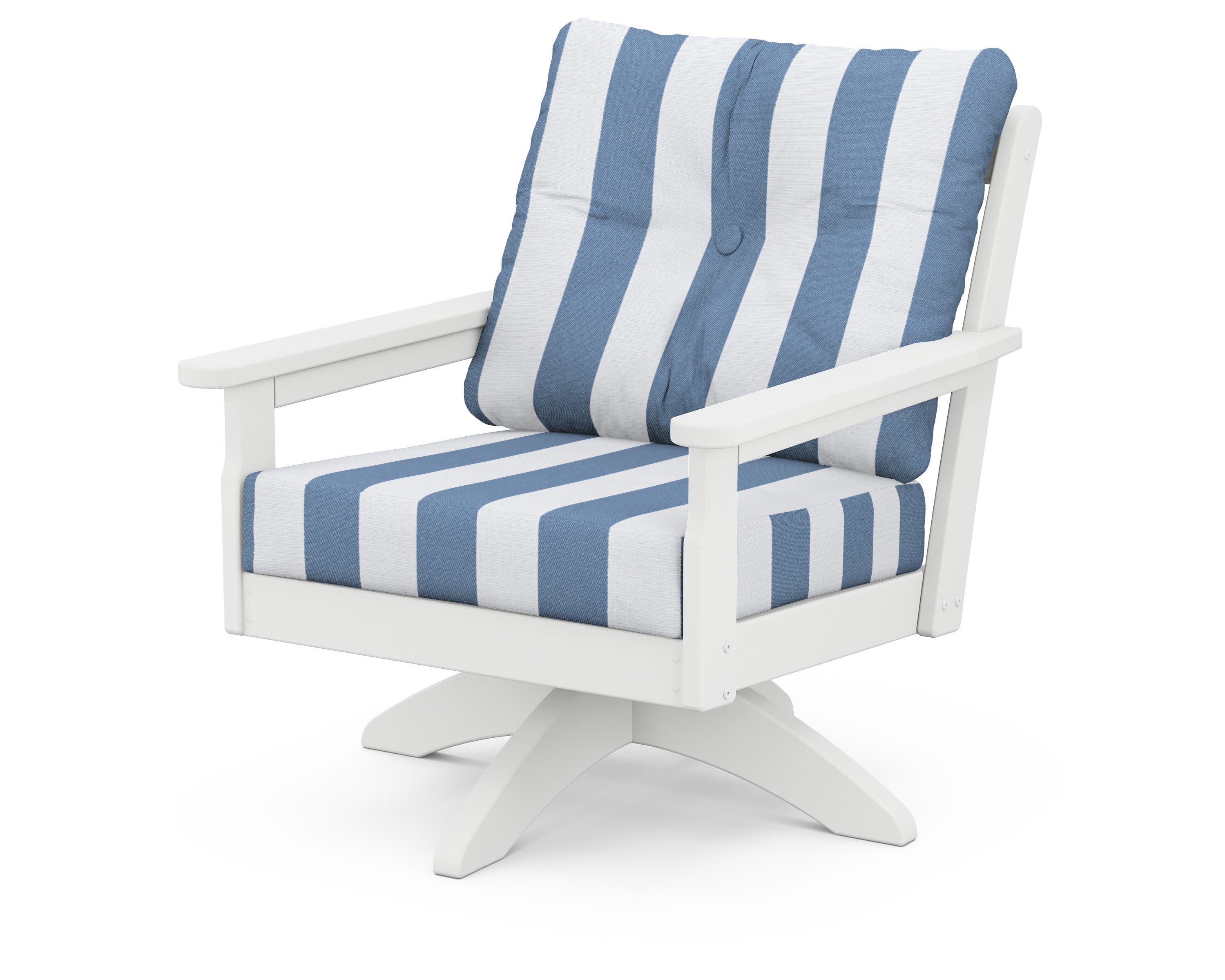 Vineyard Deep Seating Swivel Chair in White / Cabana Stripe Sky Blue