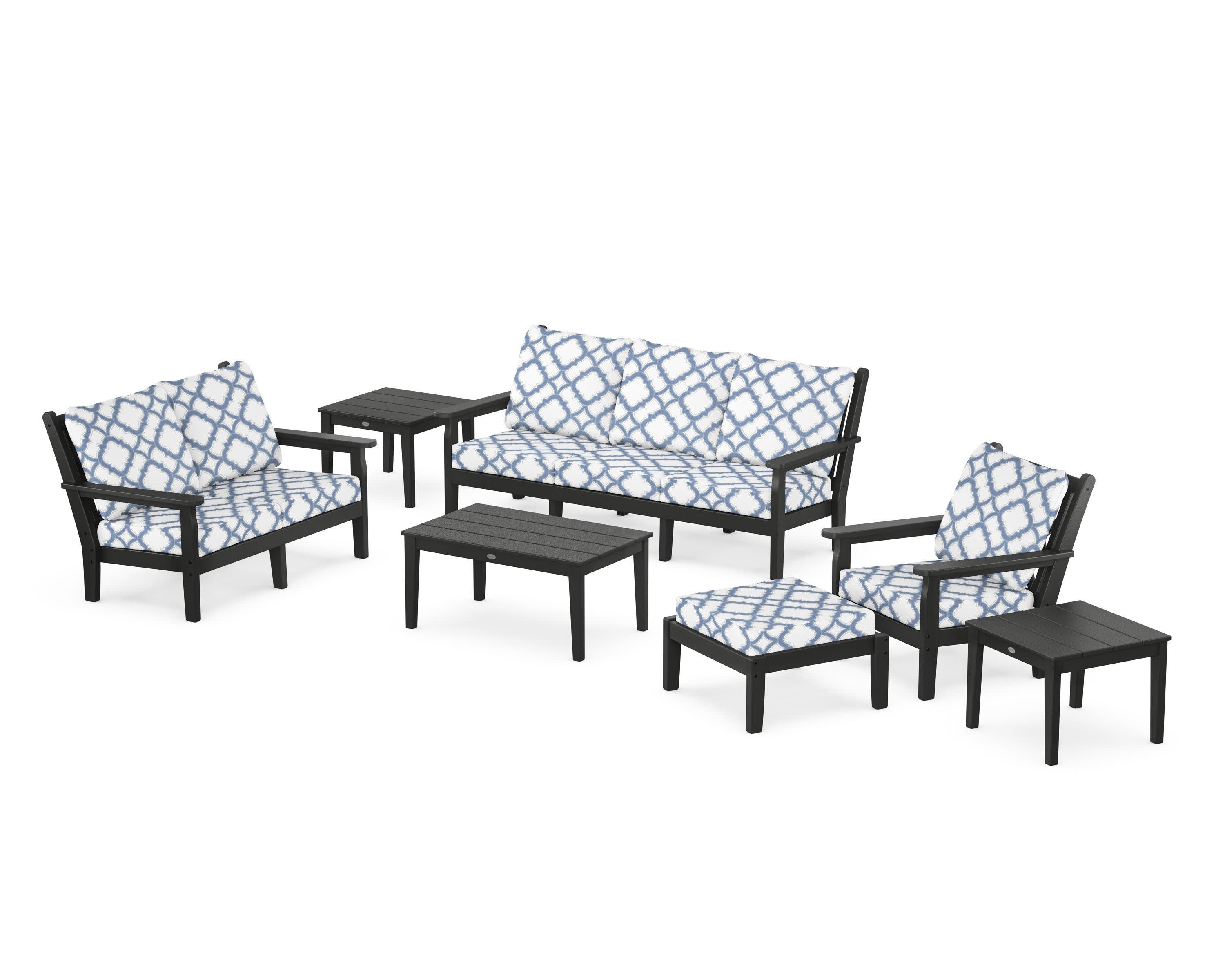 Chippendale 7-Piece Deep Seating Set in Black / Trellis Sky Blue
