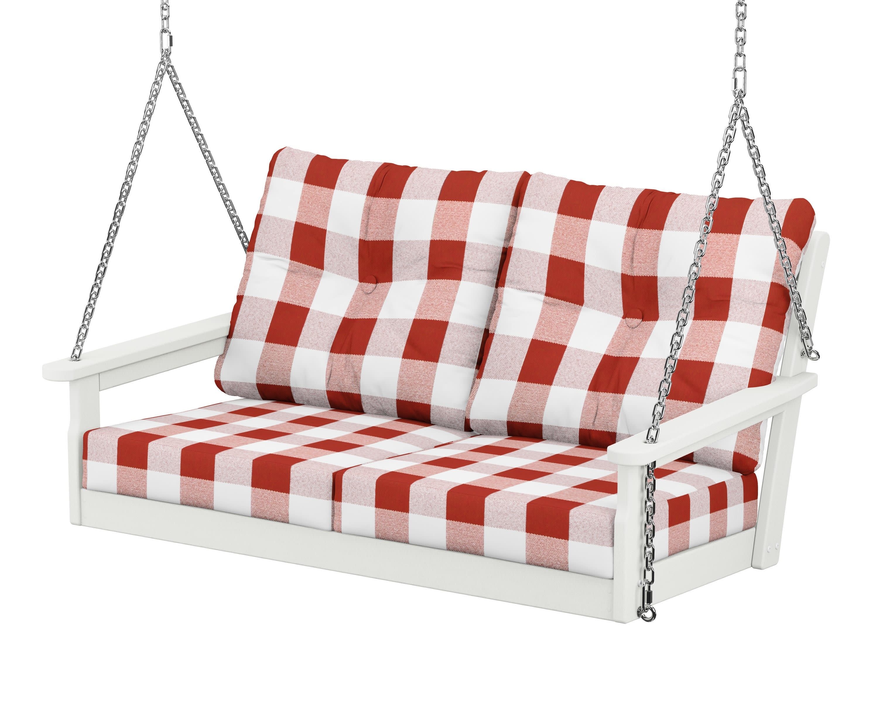 Vineyard Deep Seating Swing in Vintage White / Buffalo Plaid Crimson