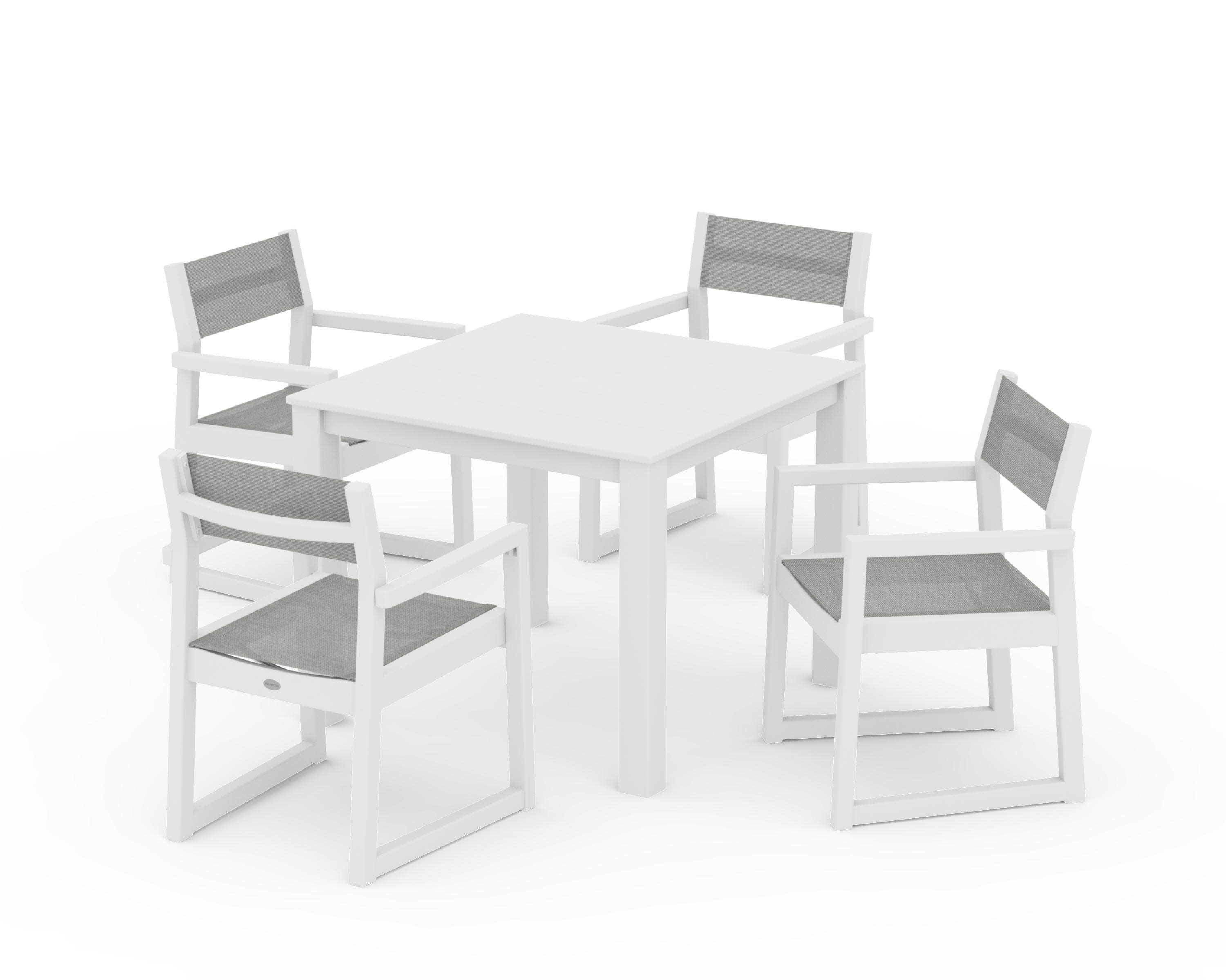 EDGE Sling Arm Chair 5-Piece Parsons Dining Set in White / Metallic Sling