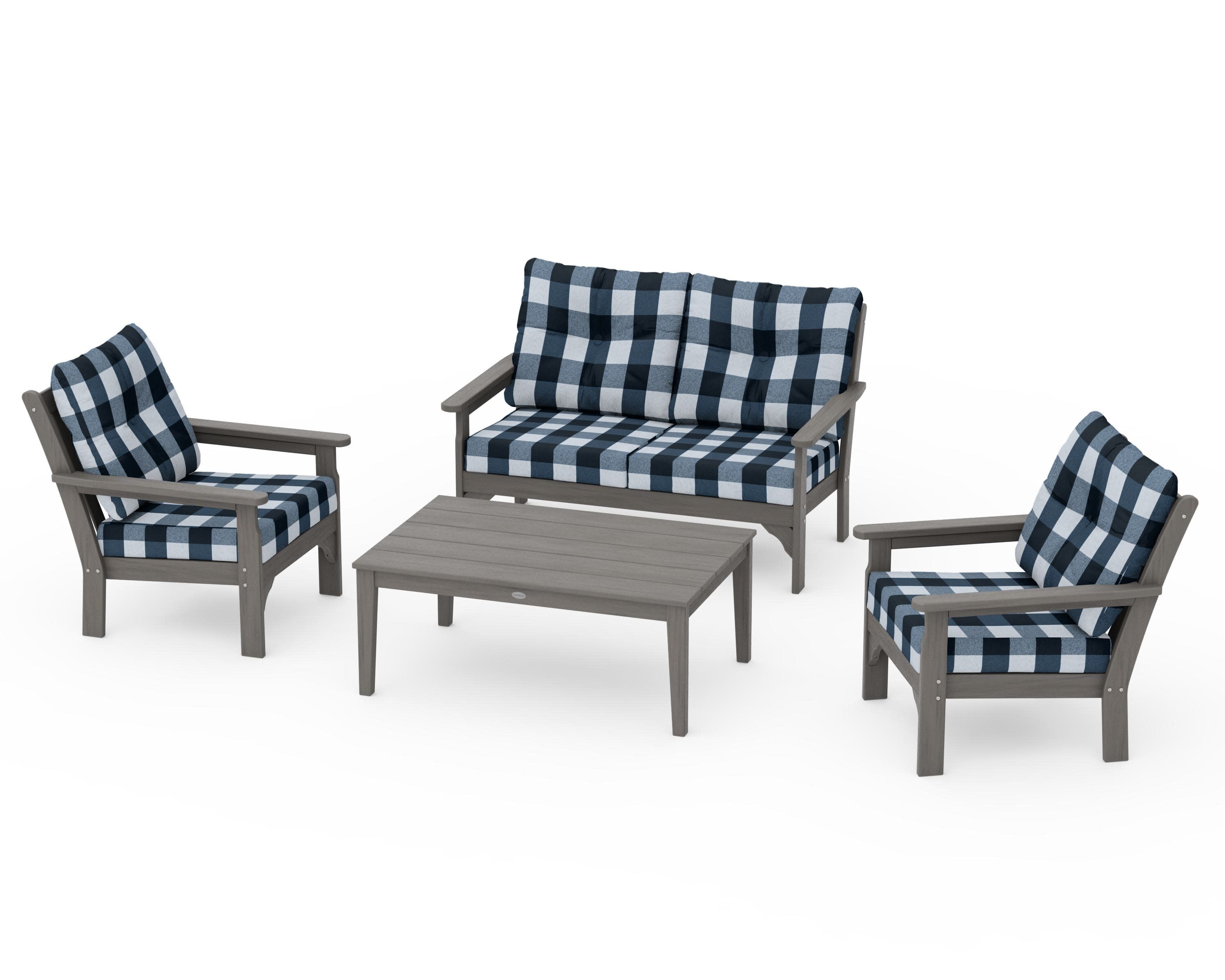 Vineyard 4-Piece Deep Seating Set in Driftwood / Buffalo Plaid Marine Indigo