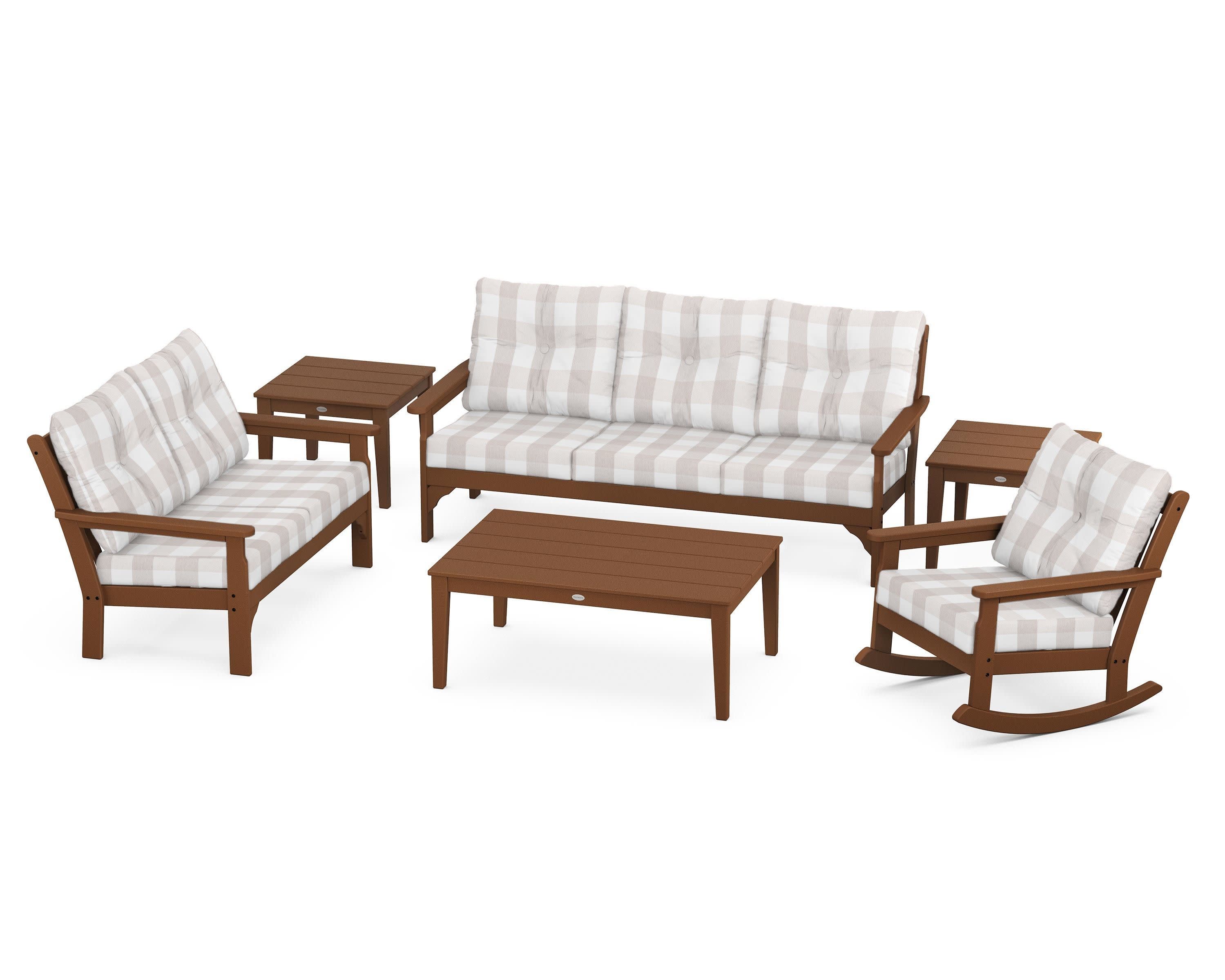 Vineyard 6-Piece Deep Seating Set in Teak / Buffalo Plaid Dune Burlap