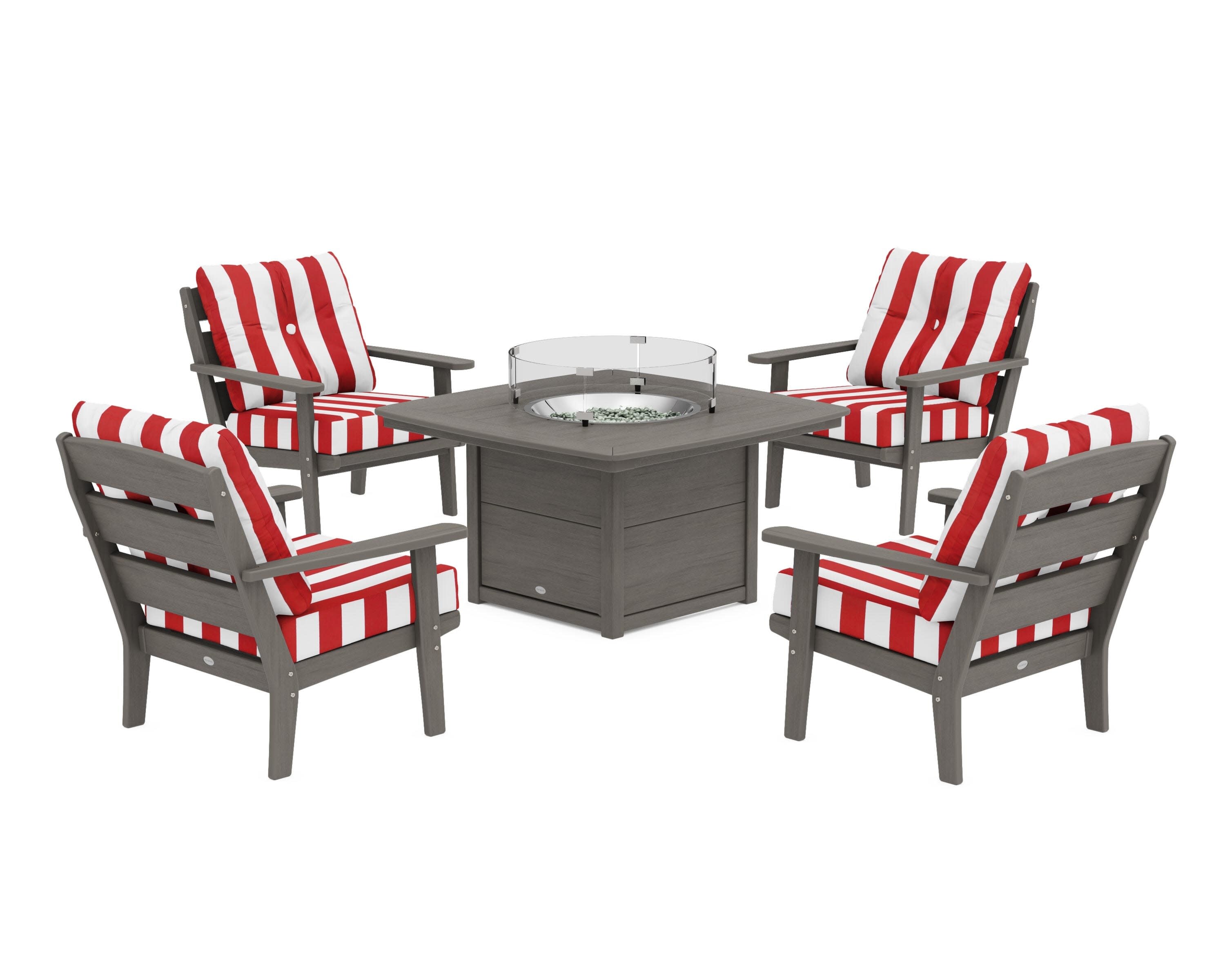 Lakeside 5-Piece Deep Seating Set with Nautical Fire Pit Table in Driftwood / Cabana Stripe Crimson