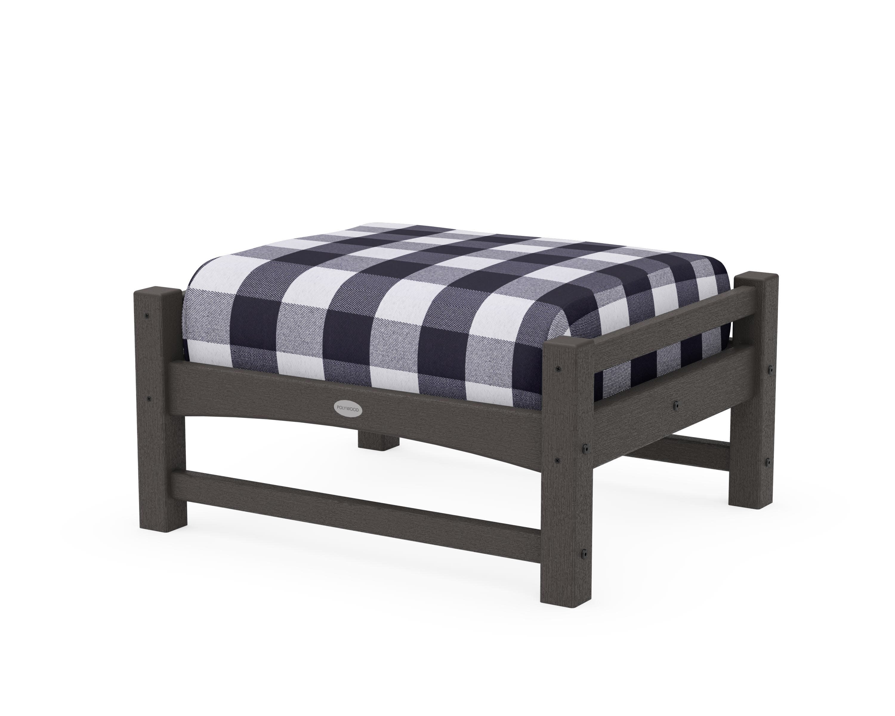 Club Ottoman in Vintage Coffee / Buffalo Plaid Navy
