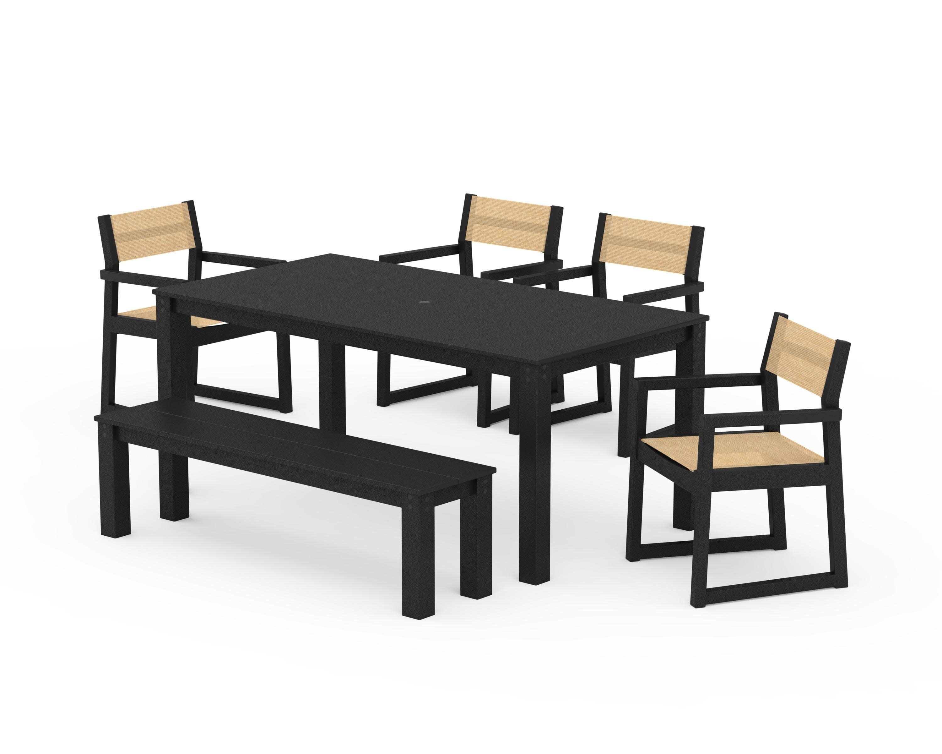 EDGE Sling Arm Chair 6-Piece Parsons Dining Set with Bench in Black / Dupioni Apricot Sling
