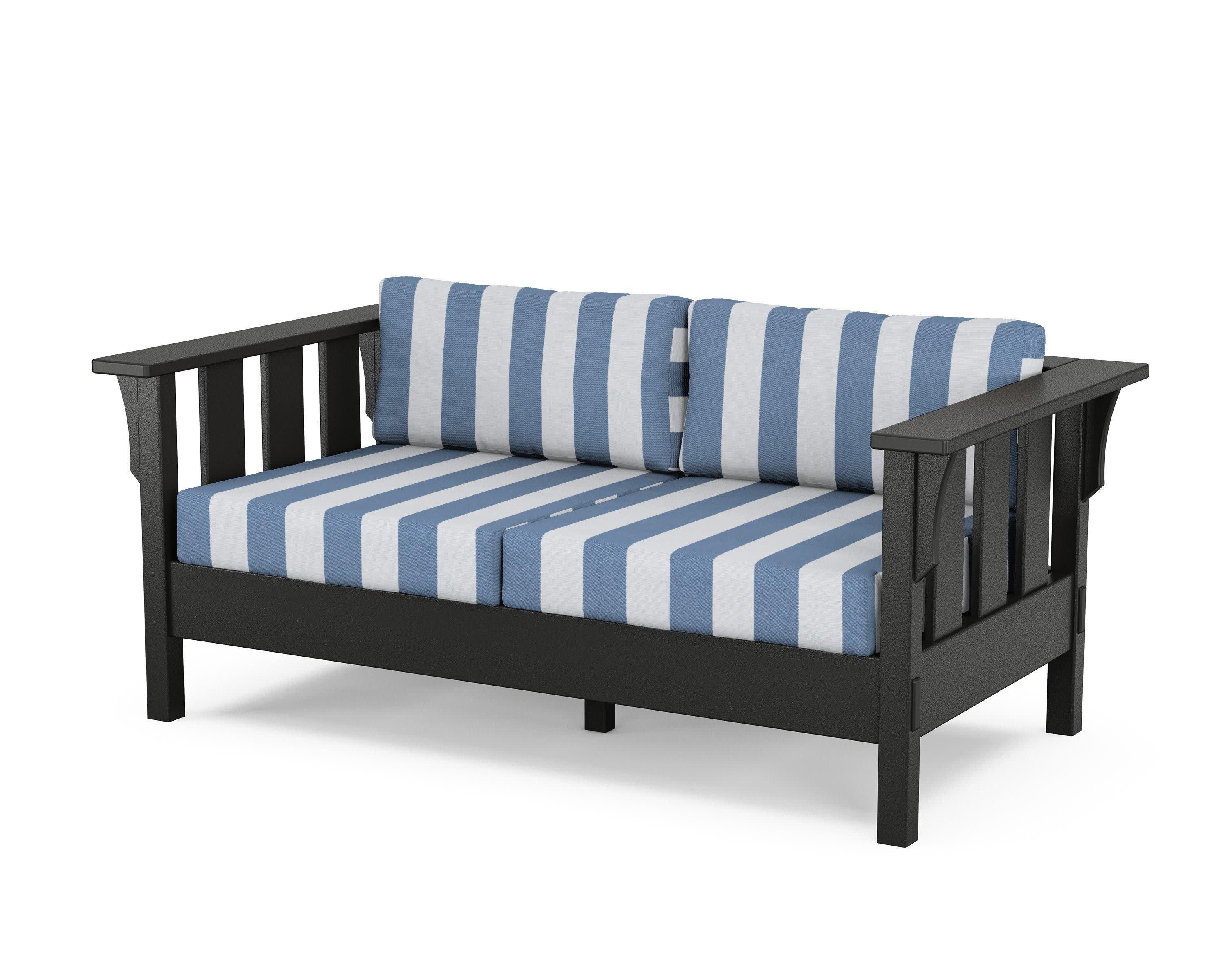 Acadia Deep Seating Loveseat in Black / Cabana Stripe Sky Blue
