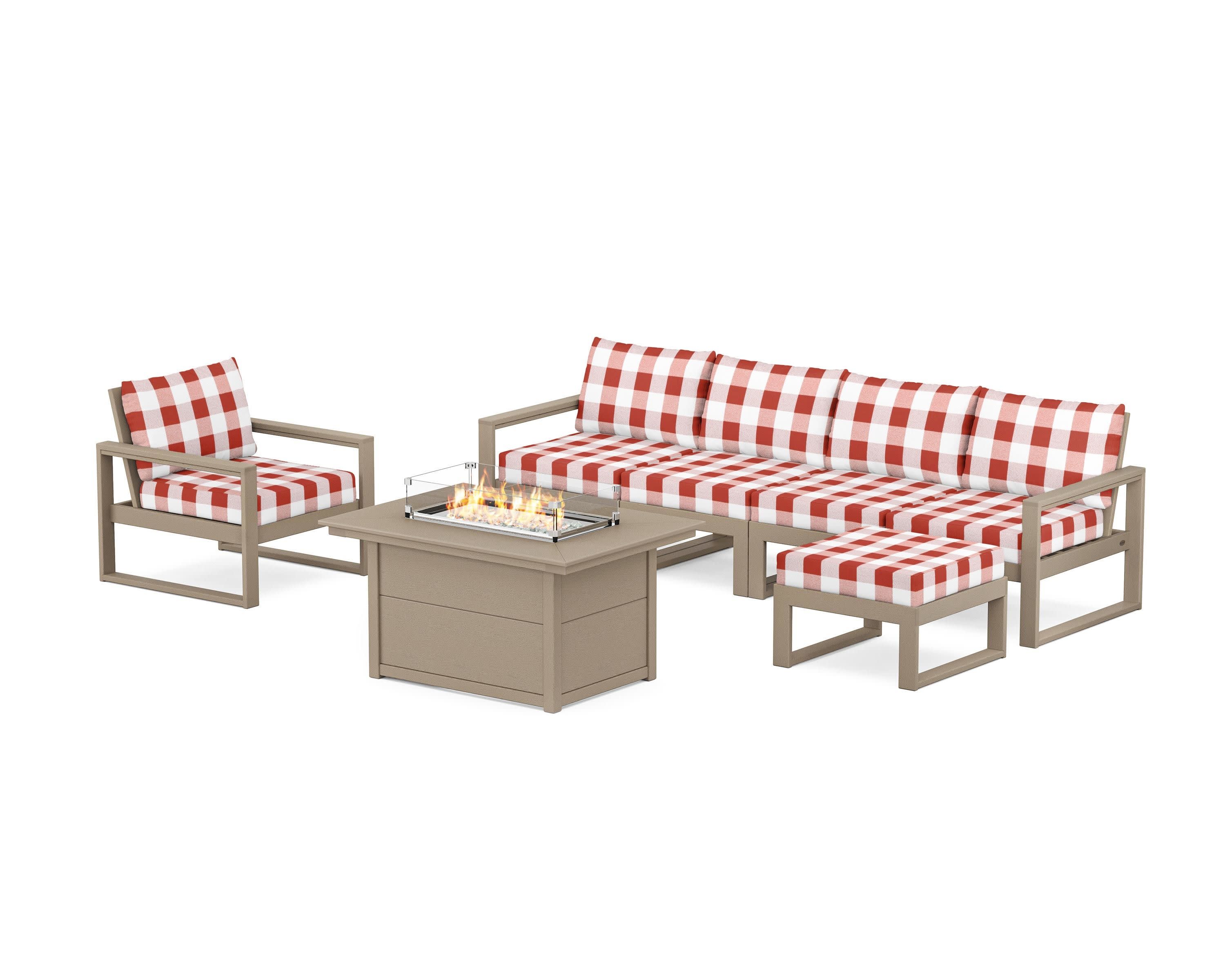 EDGE Sectional Lounge and Fire Pit Set in Vintage Sahara / Buffalo Plaid Crimson