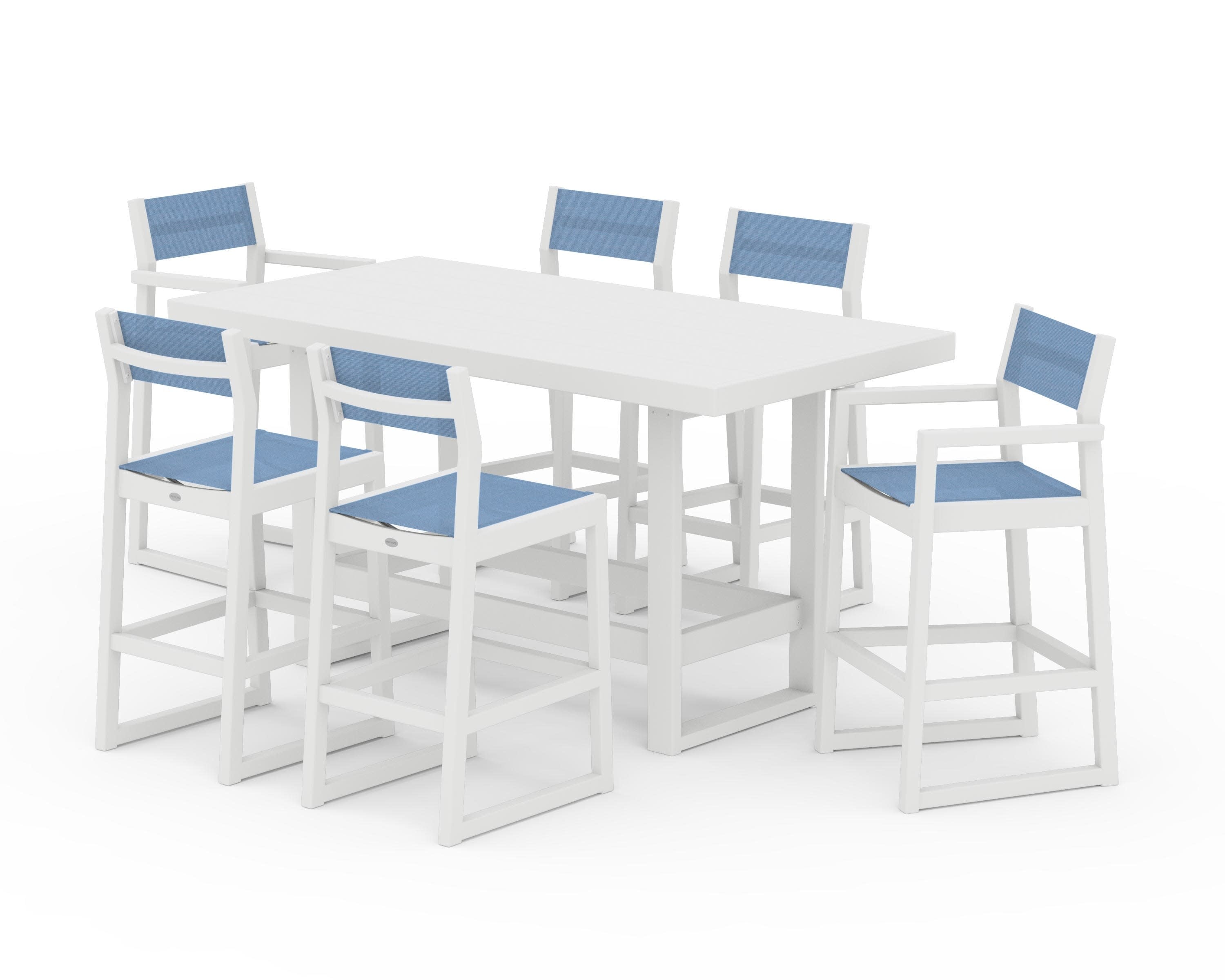 EDGE Sling 7-Piece Bar Table Set in White / Poolside Sling