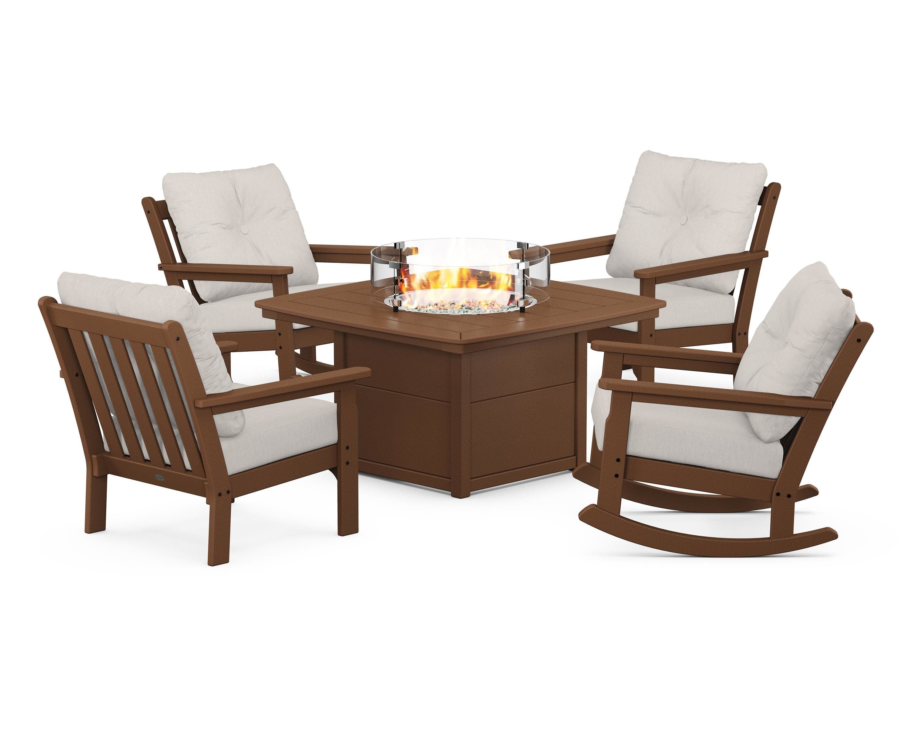 Vineyard 5-Piece Deep Seating Rocking Chair Conversation Set with Fire Pit Table in Teak / Cast Ash