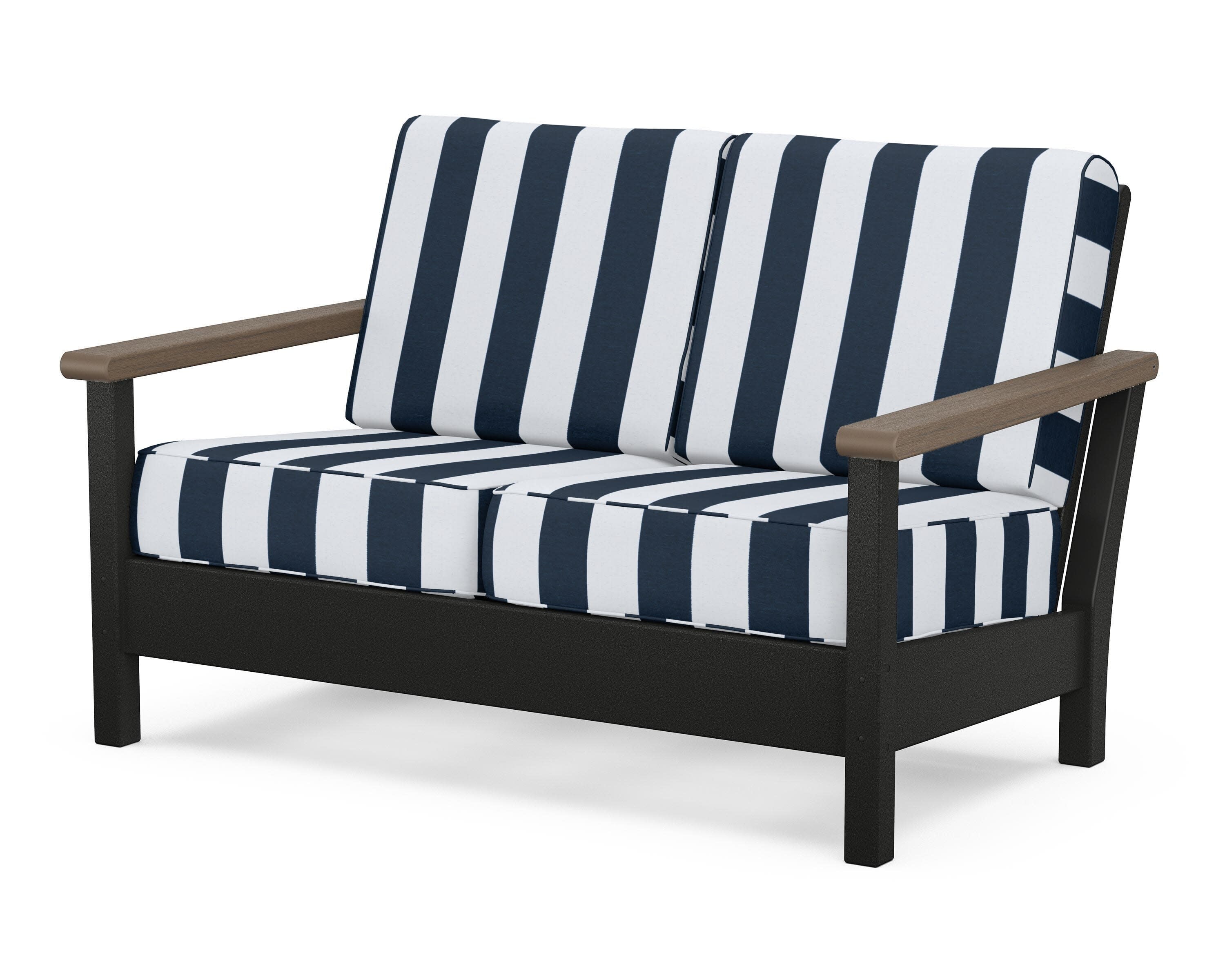 Harbour Deep Seating Loveseat in Black / Kona / Cabana Stripe Marine Indigo
