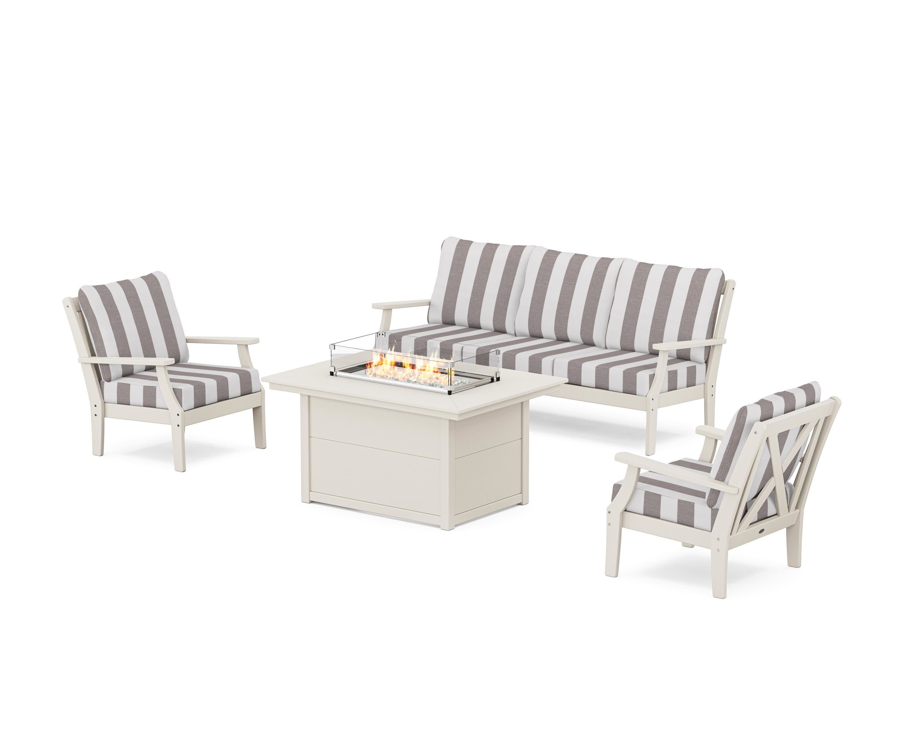 Braxton Deep Seating Fire Pit Table Set in Sand / Cabana Stripe Grey Mist