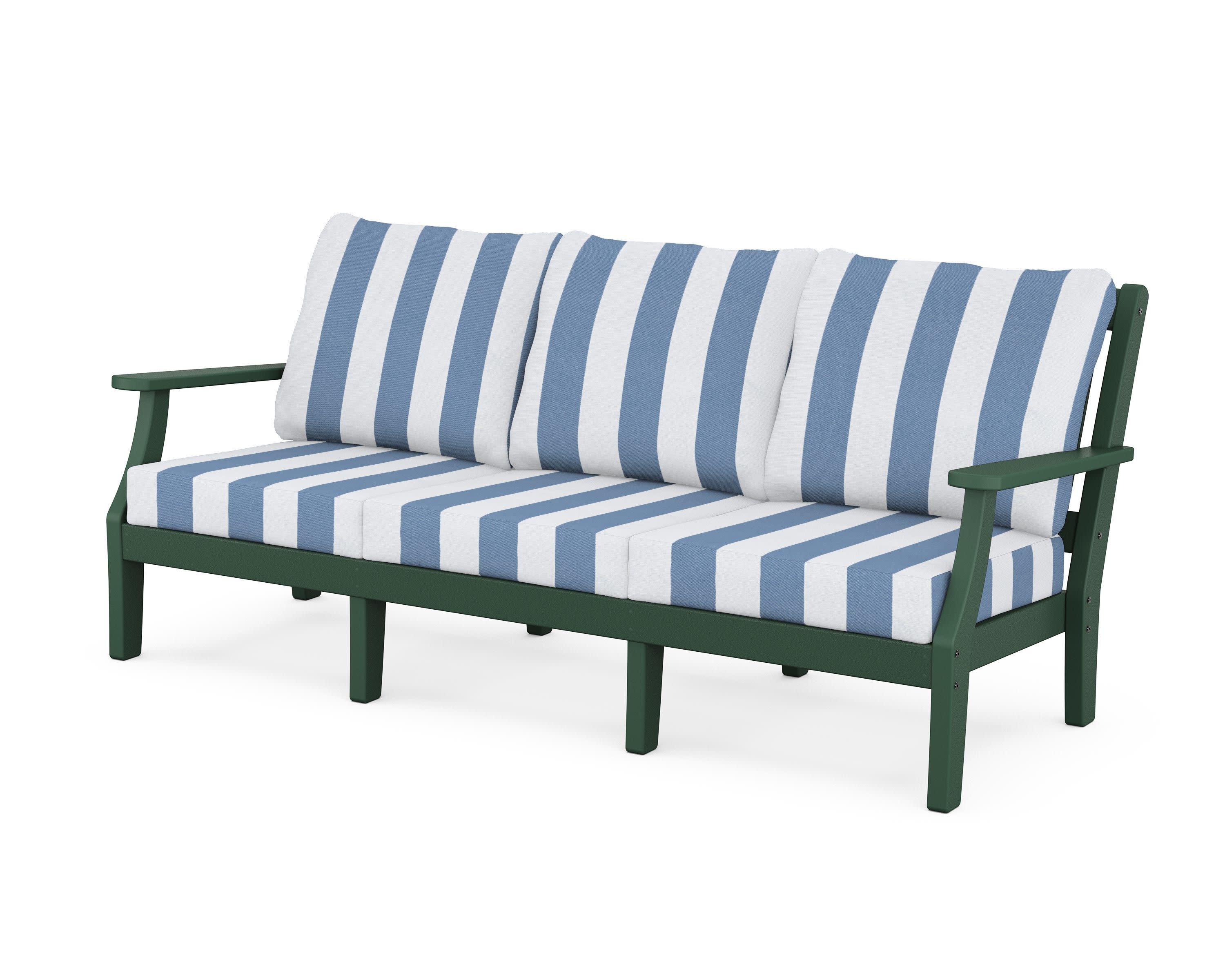 Chinoiserie Deep Seating Sofa in Green / Cabana Stripe Sky Blue