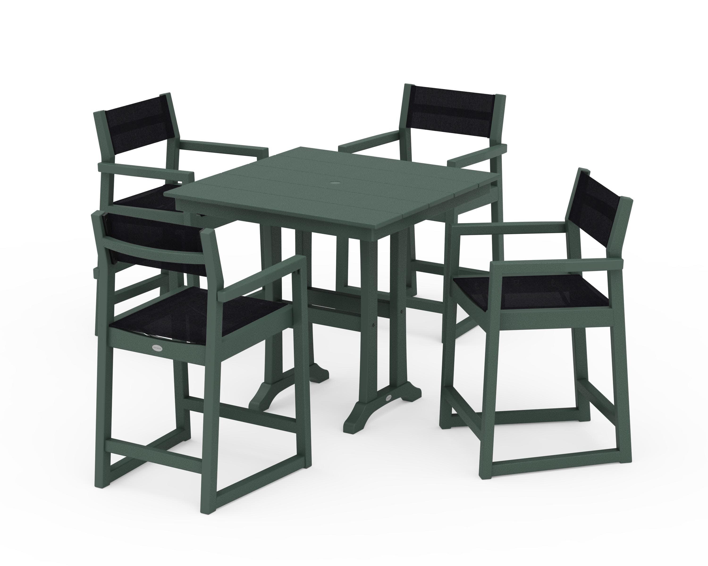 EDGE Sling Arm Chair 5-Piece Farmhouse Counter Set with Trestle Legs in Green / Black Sling