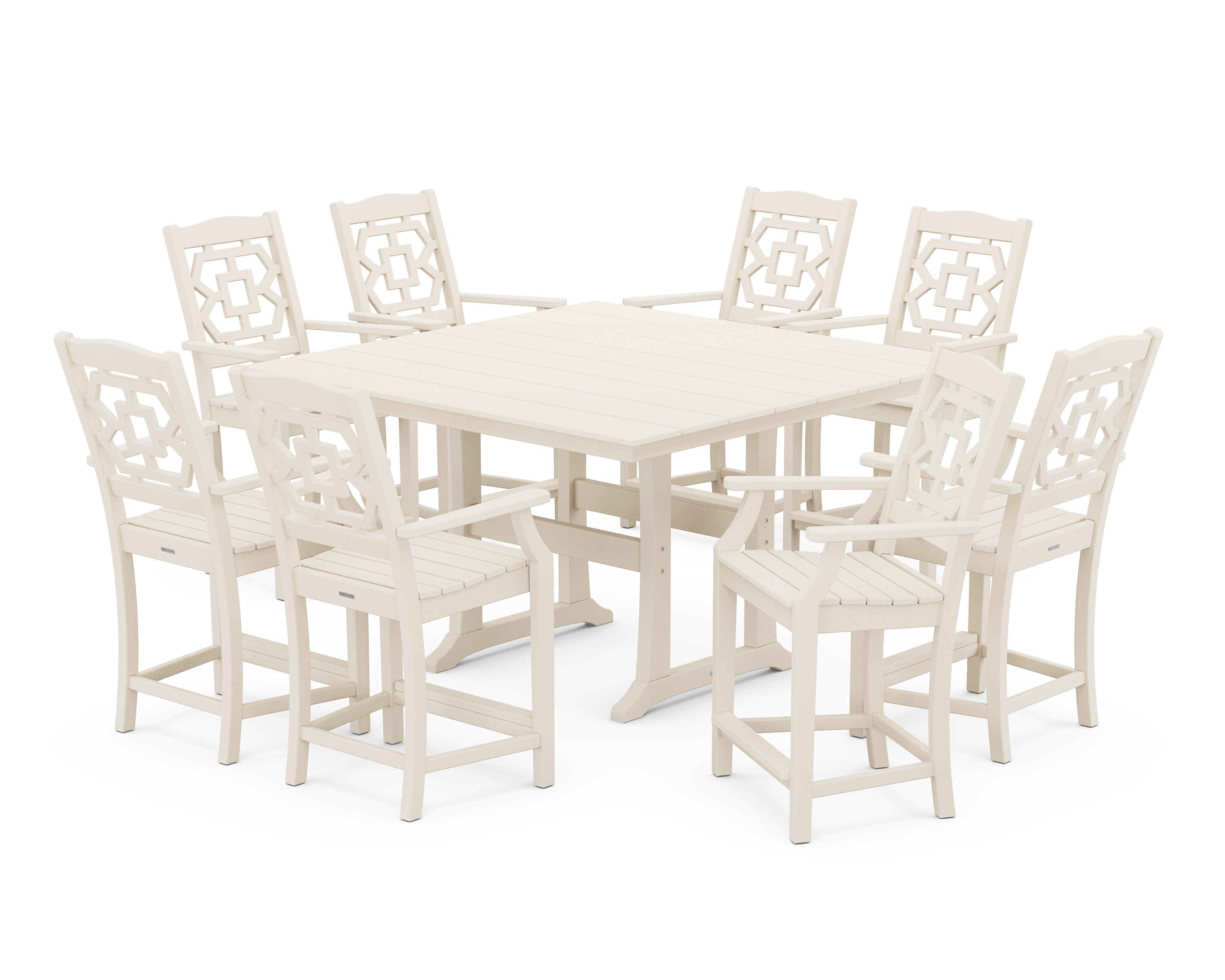 Chinoiserie 9-Piece Square Farmhouse Counter Set with Trestle Legs in Sand