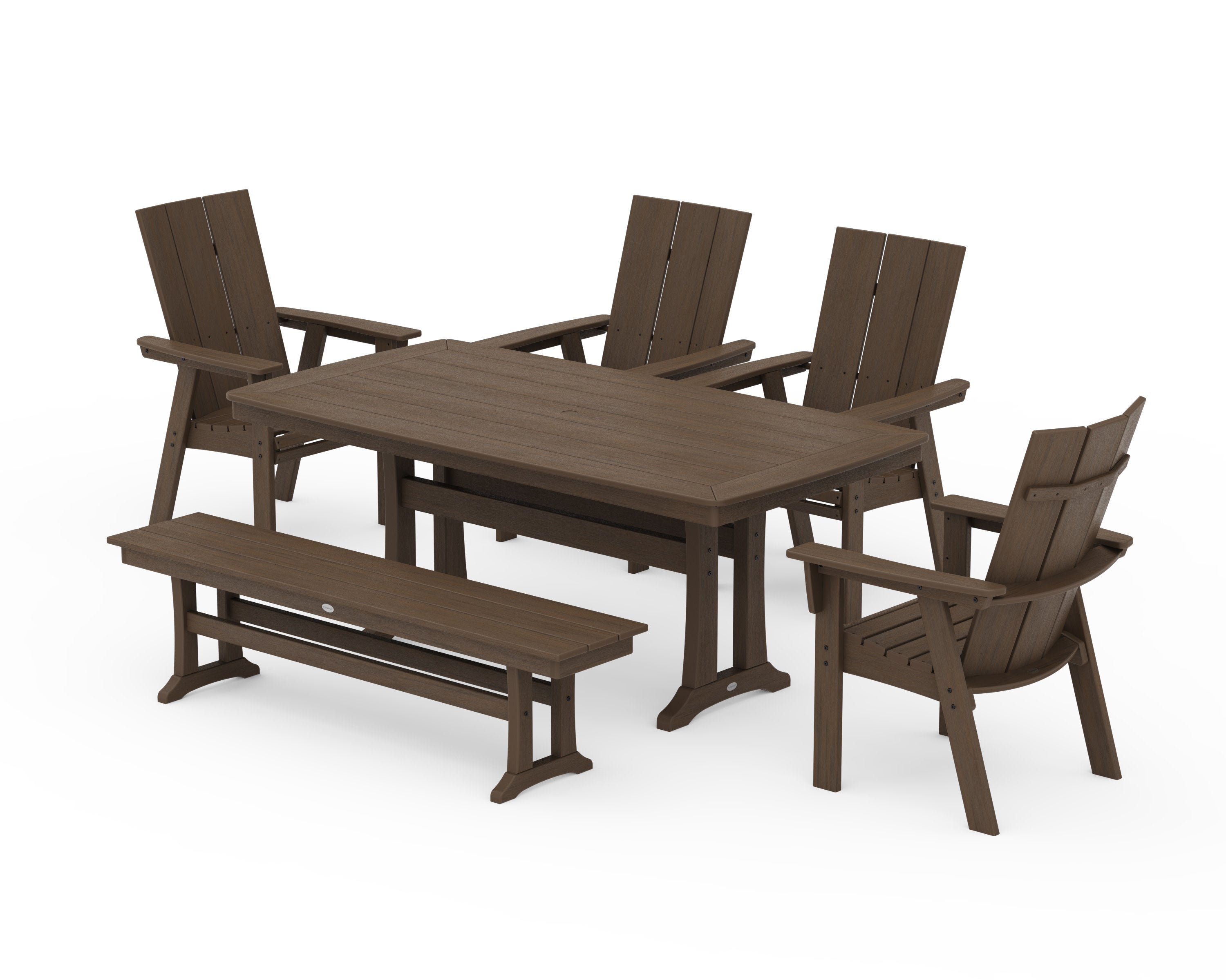 Modern Curveback Adirondack 6-Piece Farmhouse Dining Set with Trestle Legs and Bench in Kona