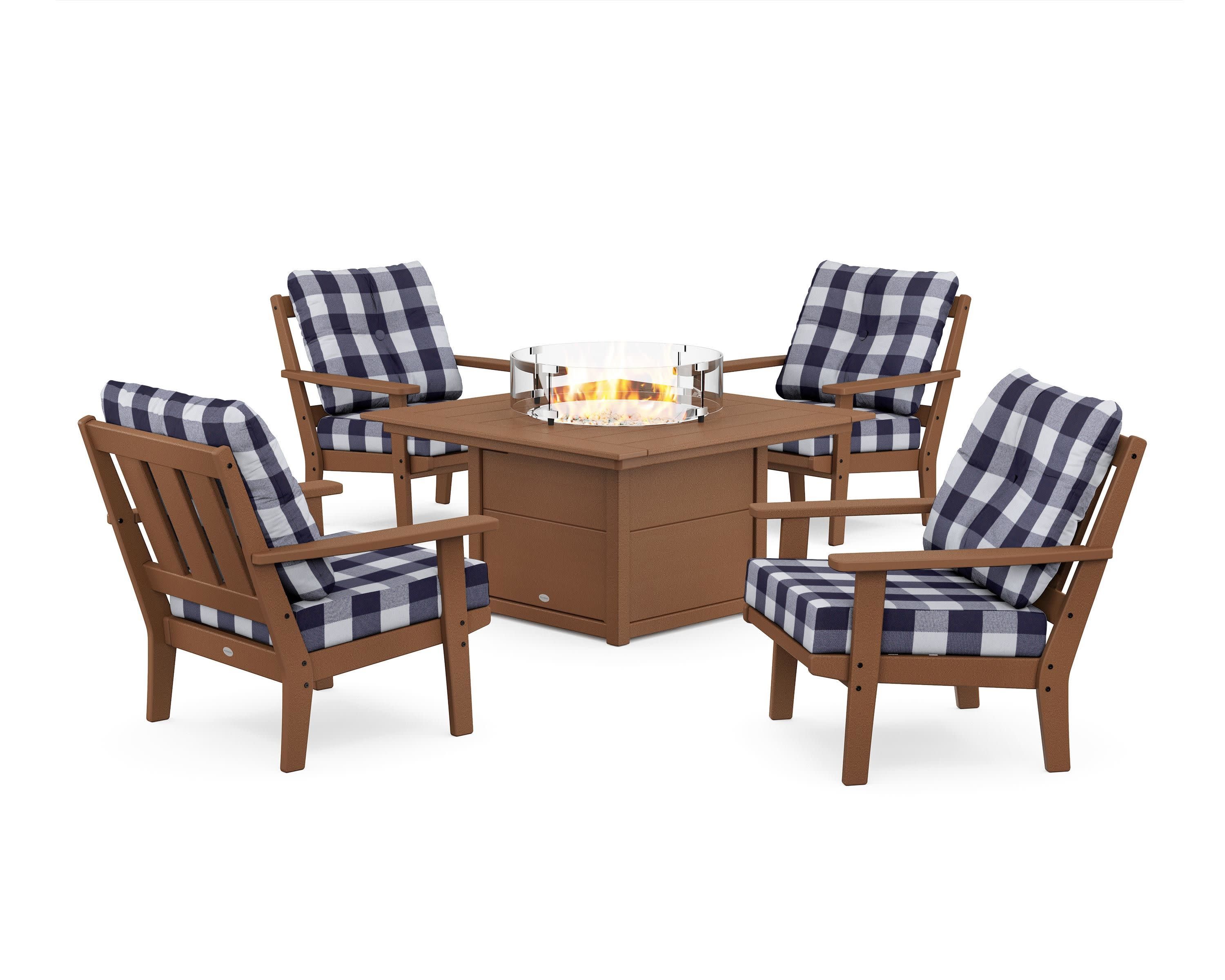 Oxford 5-Piece Deep Seating Set with Fire Pit Table in Teak / Buffalo Plaid Navy
