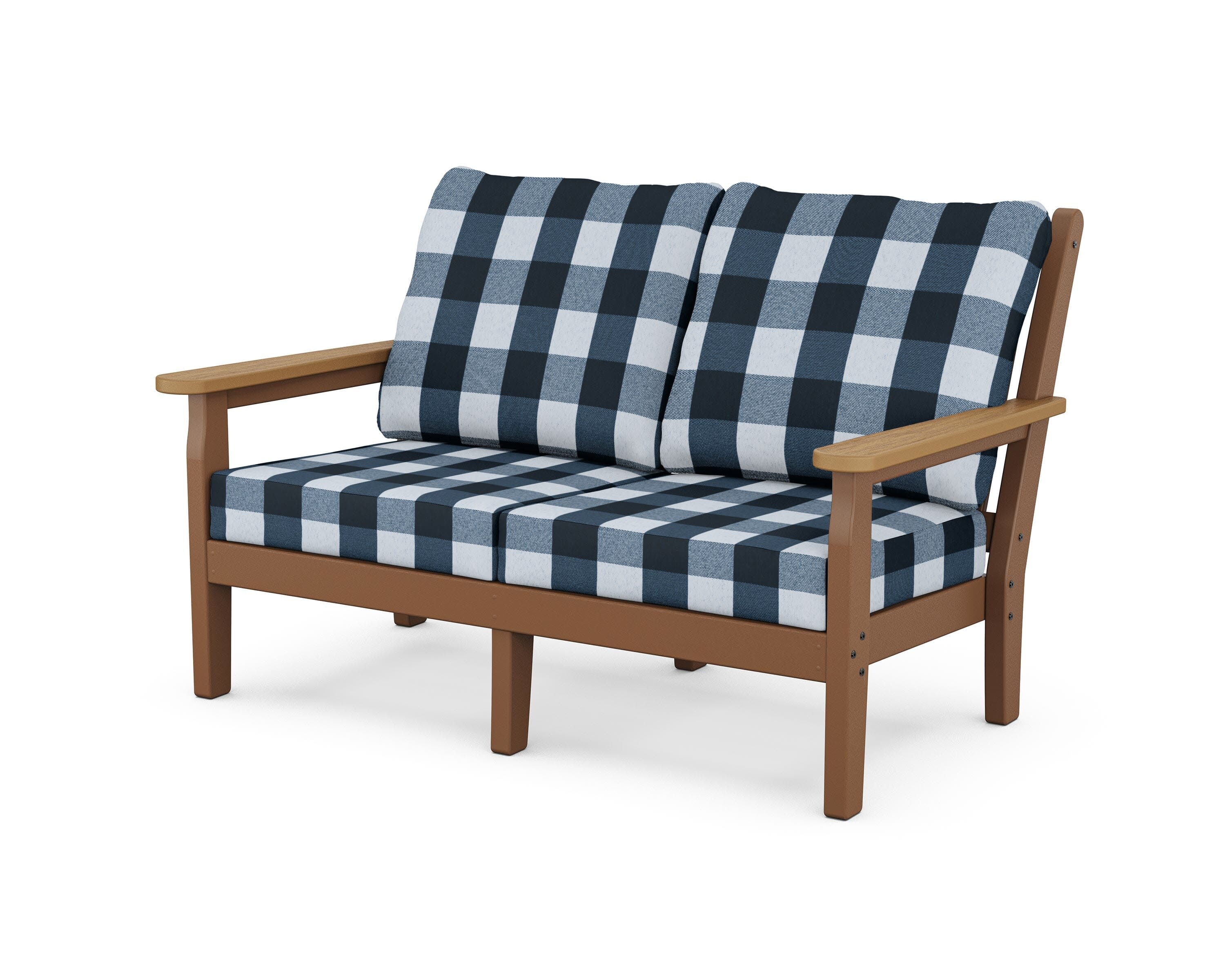 Chippendale Deep Seating Loveseat in Teak / Natural / Buffalo Plaid Marine Indigo