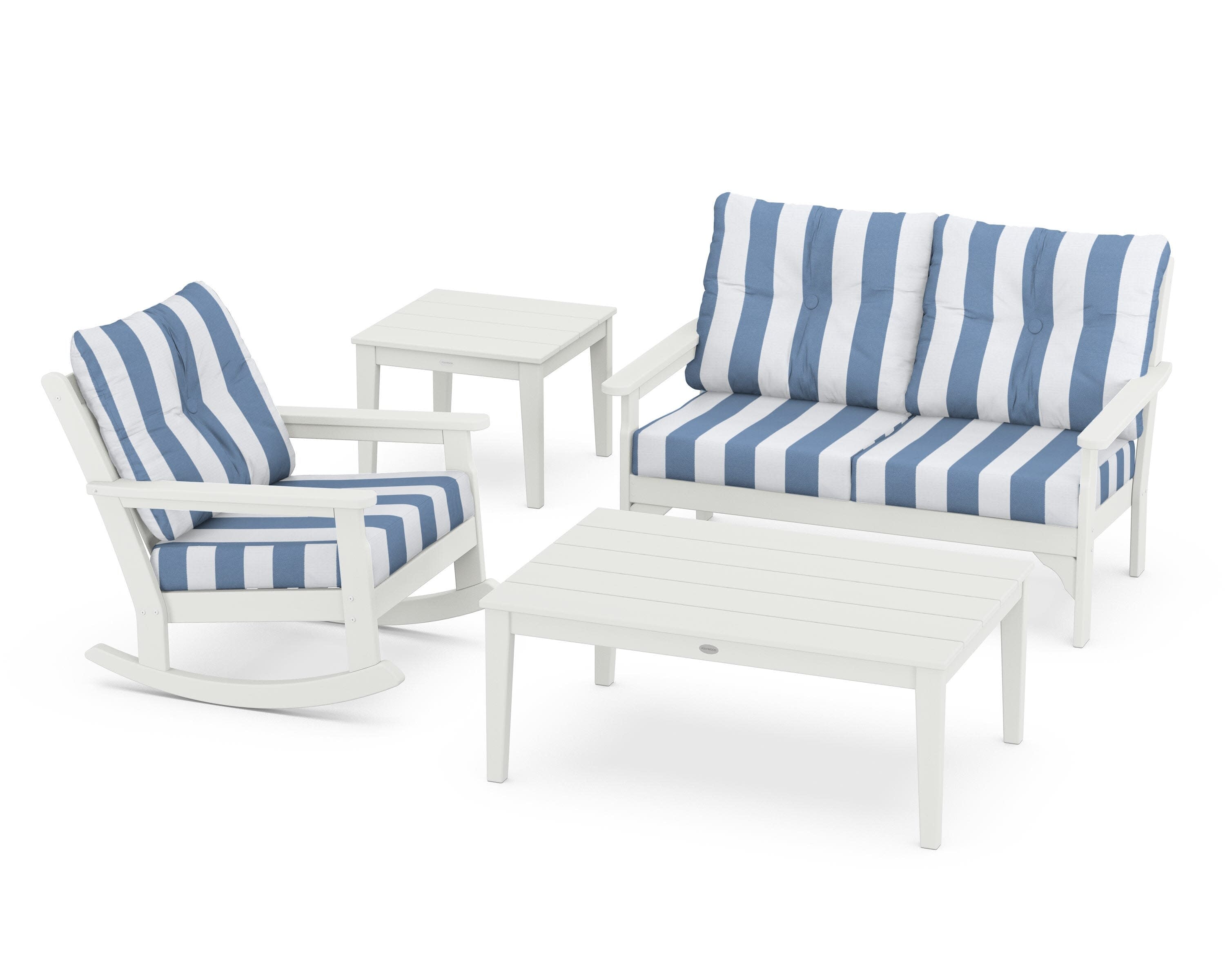 Vineyard 4-Piece Deep Seating Rocker Set in Vintage White / Cabana Stripe Sky Blue
